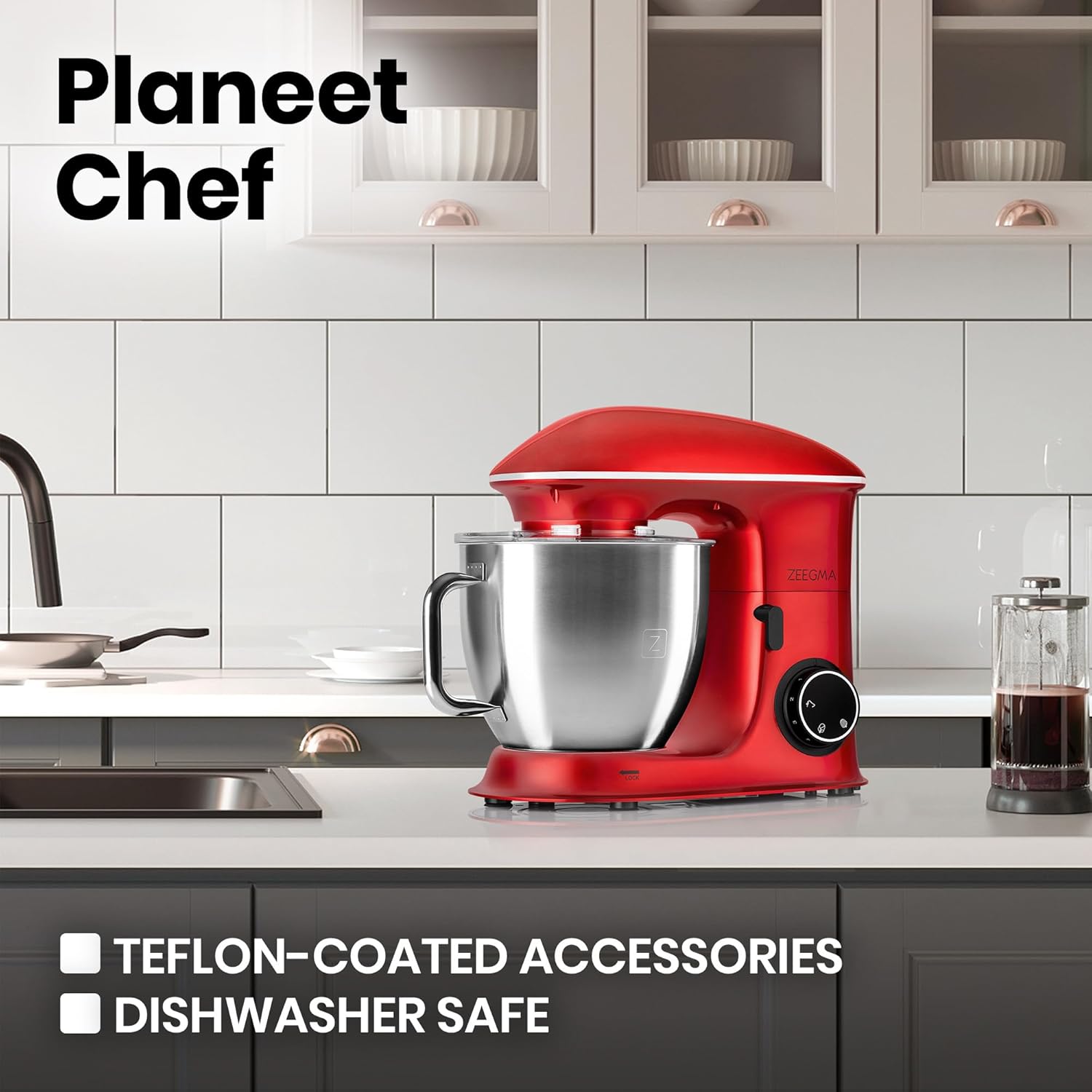 Stand mixer on a kitchen counter showing anti-slip feet