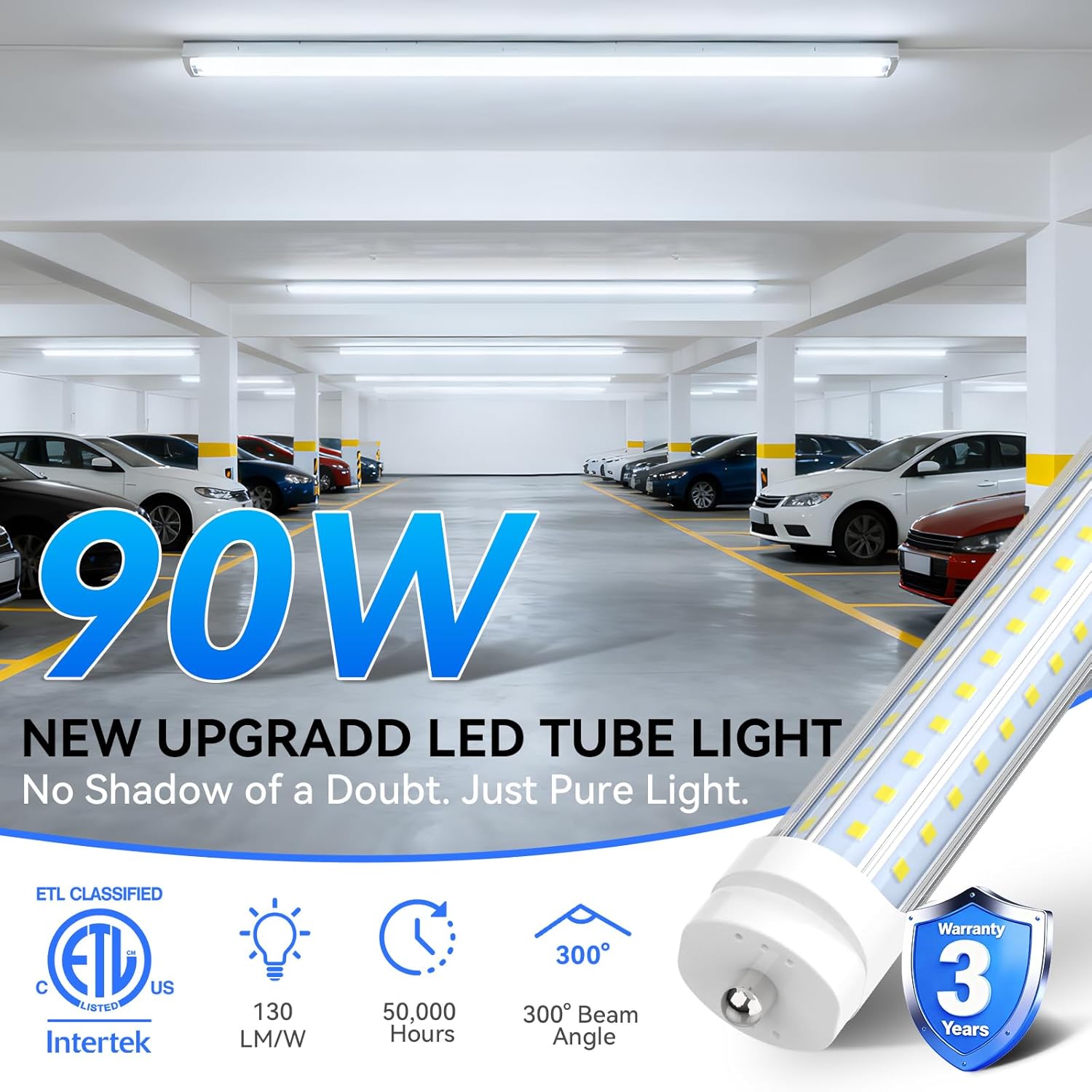JESLED 90W 8FT LED Bulbs,6000K,11700LM High Output, D Shaped T8 Led Bulbs 8 Foot 300 Angle, FA8 Dual-End Powered, Ballast Bypass,F96T12 8 Foot Bulb Fluorescent Replacement,Clear(12 Pack)