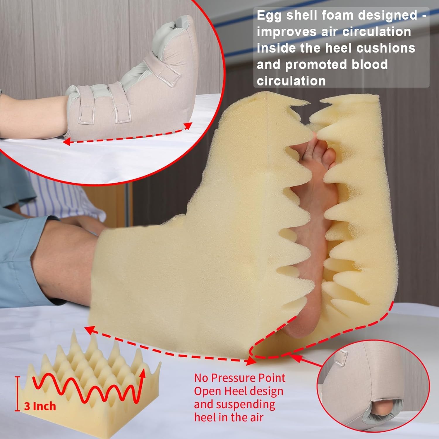 Fersenschützer zur Druckentlastung, Fersenlagerungskissen mit Egg-Crate-Schaum, Weiches Fußlagerungskissen für Bettlägerige, Senioren & Pflegebedürftige, Fersenpolster für Pflege zuhause (lange)