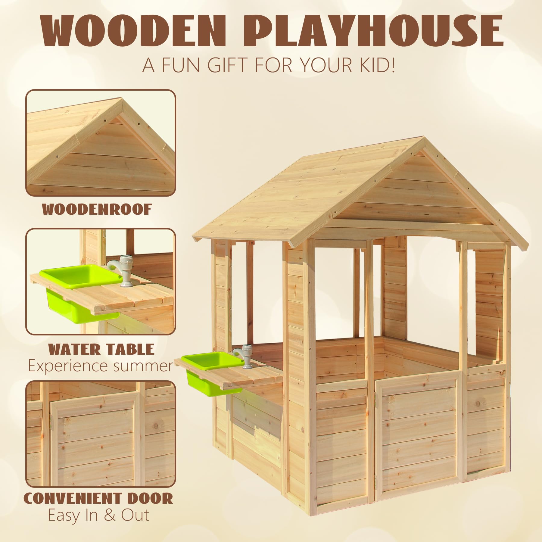 Spielhaus für Kinder im Freien, Spielhaus aus Holz im Landhausstil mit Waschbecken, Fenstern, Arbeitstür, Kochgeschirrtöpfen, Cottage-Spielhaus für den Außenbereich, Hinterhof, Terrasse (Natural)