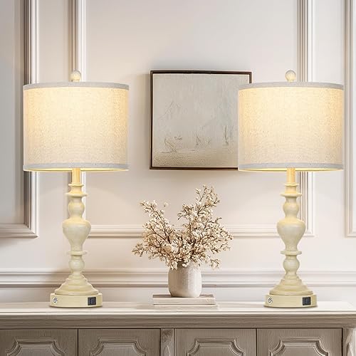 Miniatura 2 de Juego de 2 lámparas de mesa de granja de 27 pulgadas, lámparas de noche vintage con puertos de carga USB A+C, control táctil regulable de 3 vías,