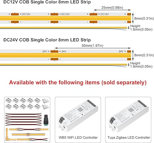 Miniatura 7 de Tira de luz LED COB de 24 V, color verde, 0.315 pulgadas de ancho, cinta LED flexible regulable sin puntos de alto brillo, 16.4 ft 16.4 pies para