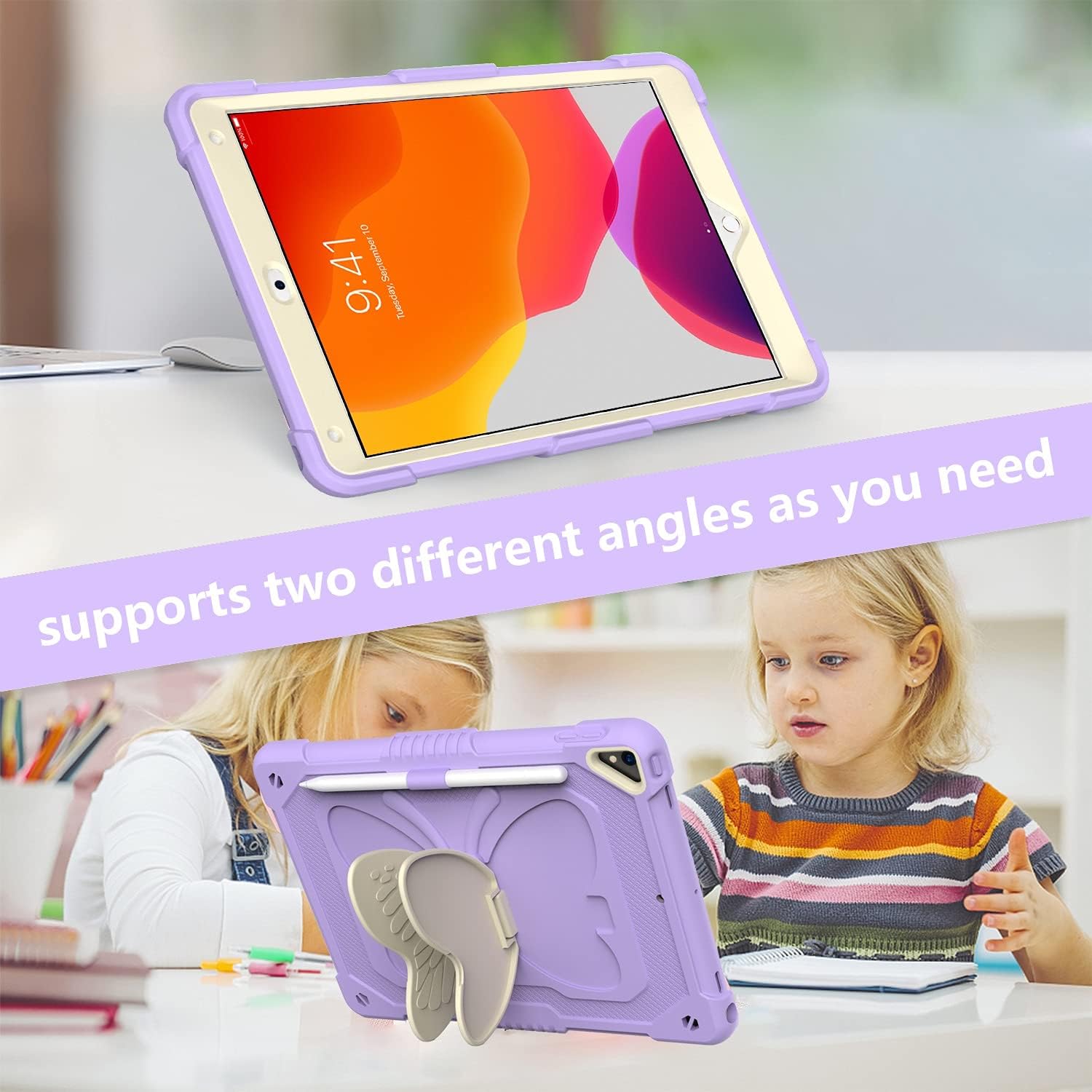 Heavy Duty Protection Tablet Case Compatible with iPad 10.2 2019/2020,Cute Butterfly Shape Compatible with Kids Protective Cover,Shockproof Kids Case with Kickstand Shoulder Strap(Green+raro Purple) image 4