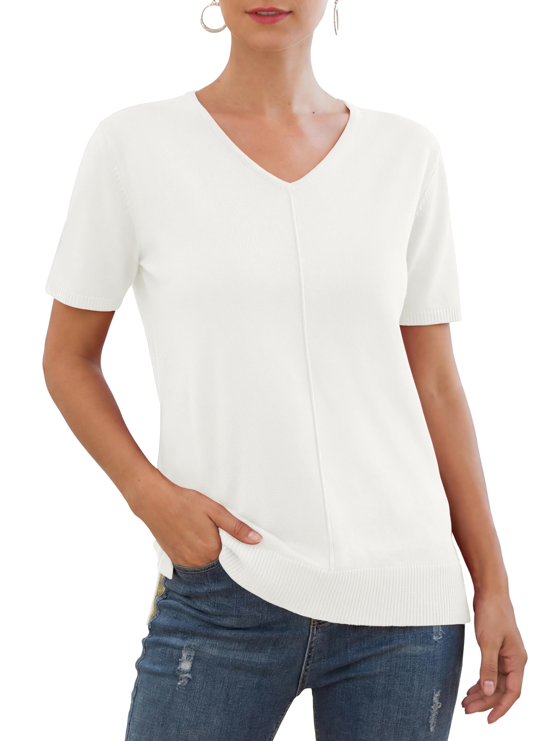 Jouica Womens Summer Short Sleeve Tops Casual V Neck Loose Fit Knit Lightweight Sweater Pullover Top