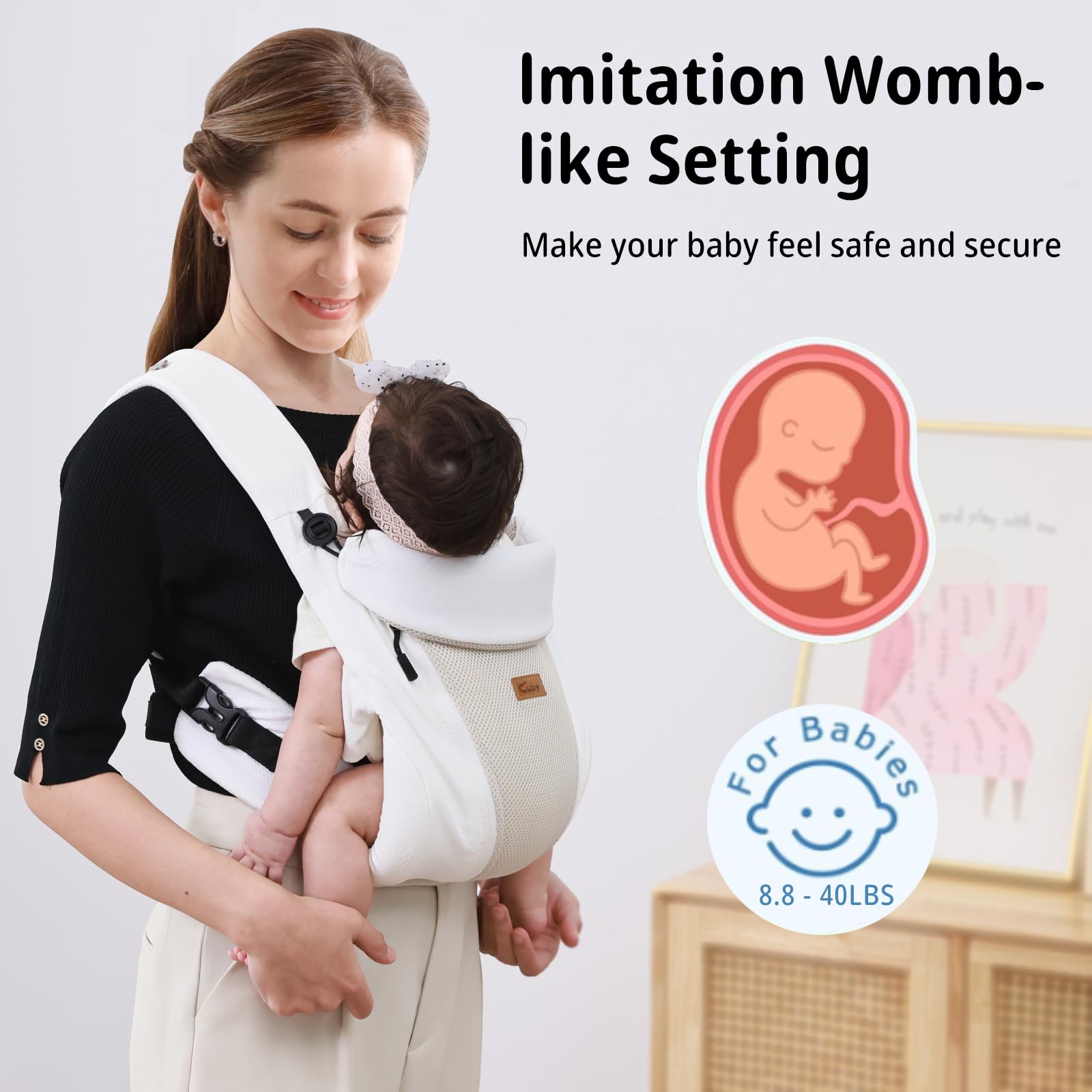 CUBY Babytragen für Neugeborene, Känguru Ergonomische Strukturierte Reißverschlüsse Kleinkind Babytrage 6 Monate + Gesicht & Rücken Babytragen Verstellbare Kopf-Nackenstütze mit Kopfbedeckung