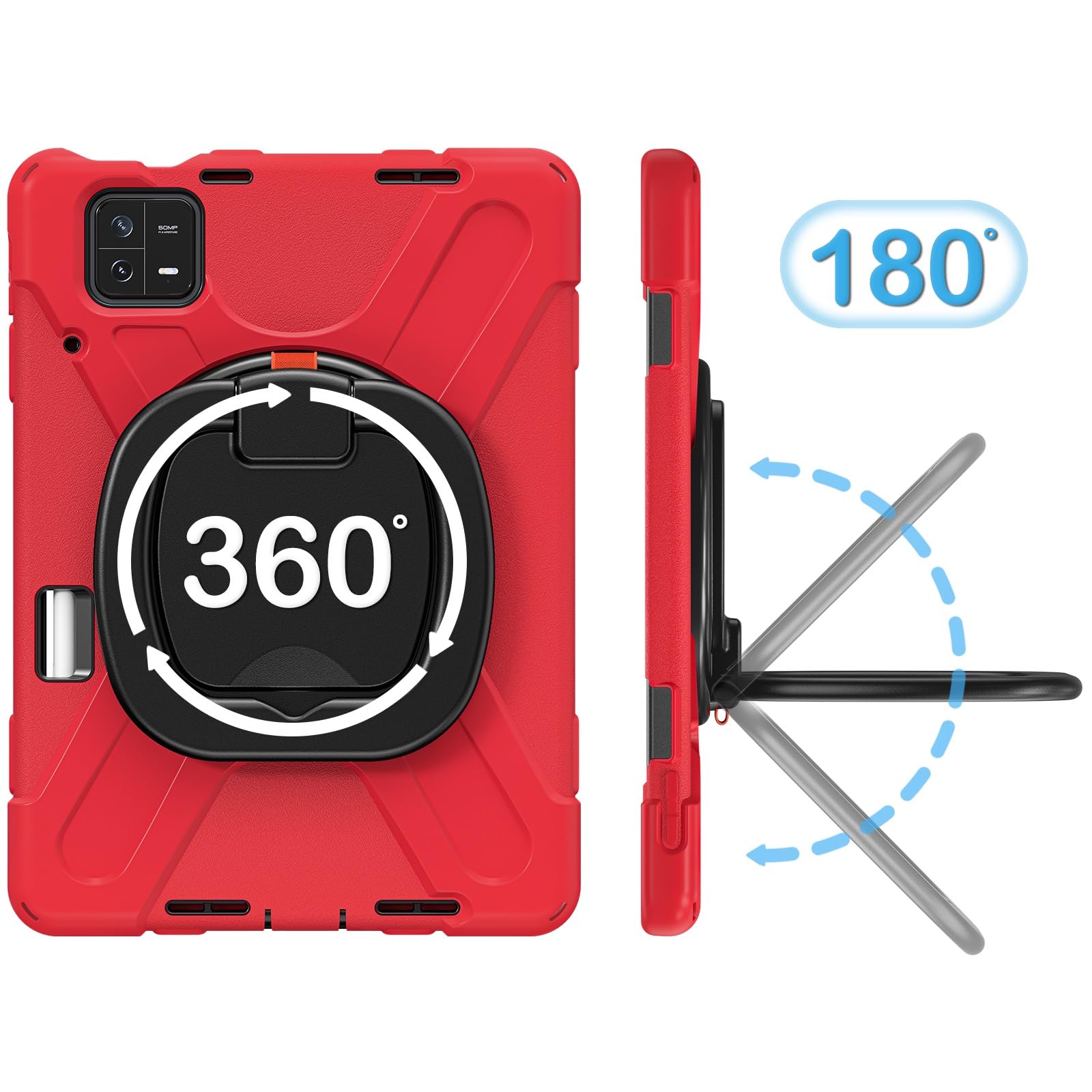 Etui kompatybilne z Xiaomi Pad 6/Pad 6 Pro 11 cali 2023 wydane, wytrzymałe etui dziecięce TPU odporne na wstrząsy, obrotowy uchwyt wielofunkcyjny 360 stopni + pasek ramię wytrzymała obudowa(Rosso)