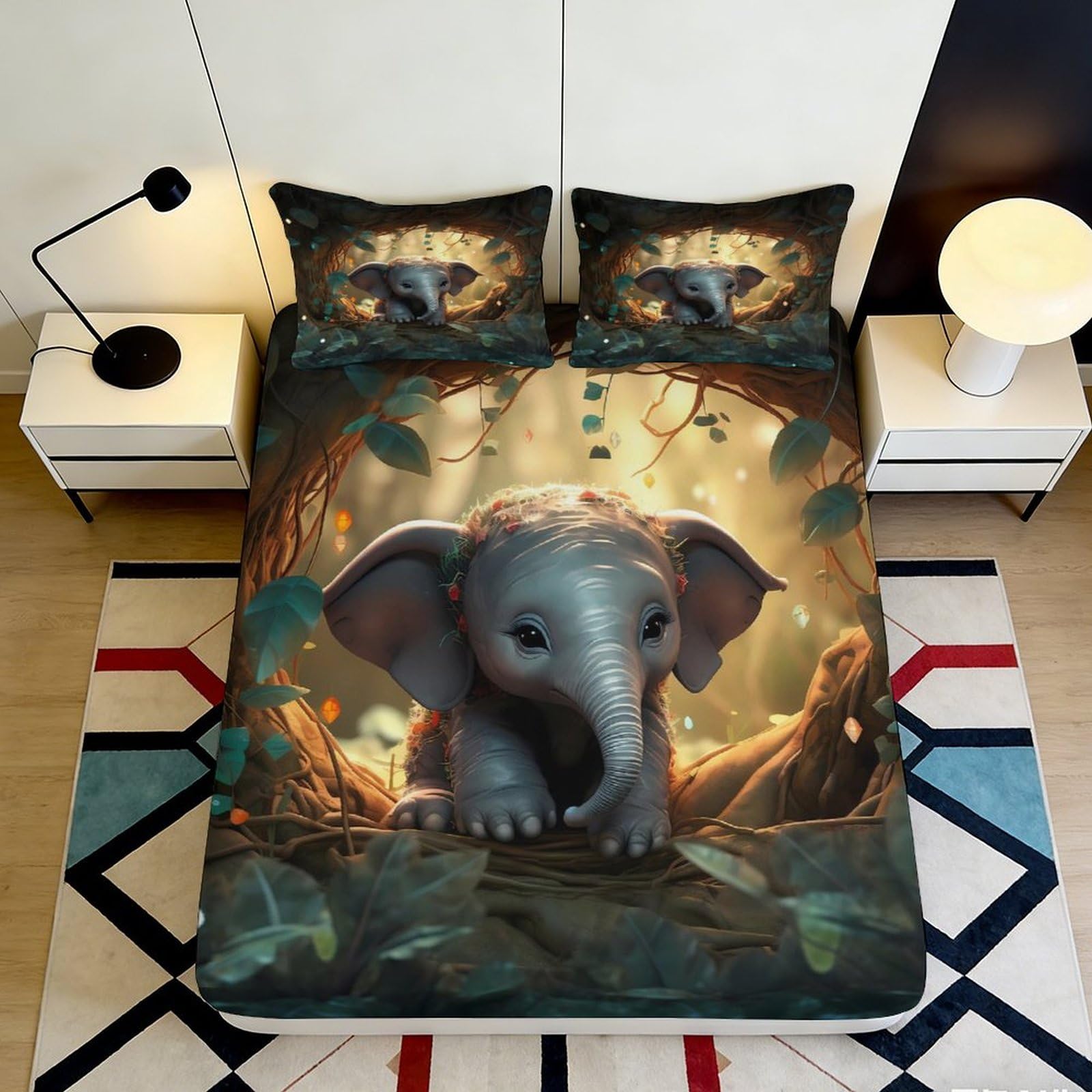 3D Printed Cute Elephant Fitted Sheet Microfiber Soft Breathable Fantasy Forest Bed Cover for Bedroom Dormitory Guest Room Mattress Protection Decor 140x200x25cm