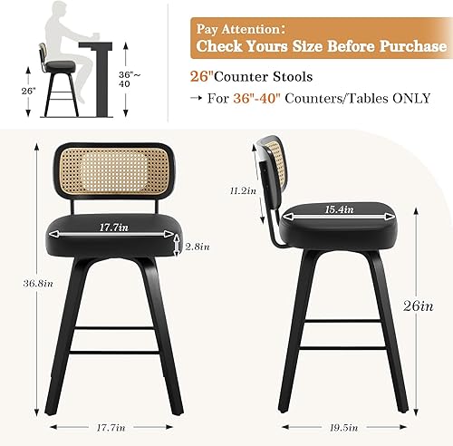 Miniatura 41 de Bekrvio Juego de 3 taburetes de bar giratorios de altura de mostrador, taburetes de bar tapizados de piel sintética con respaldo de ratán, sillas de