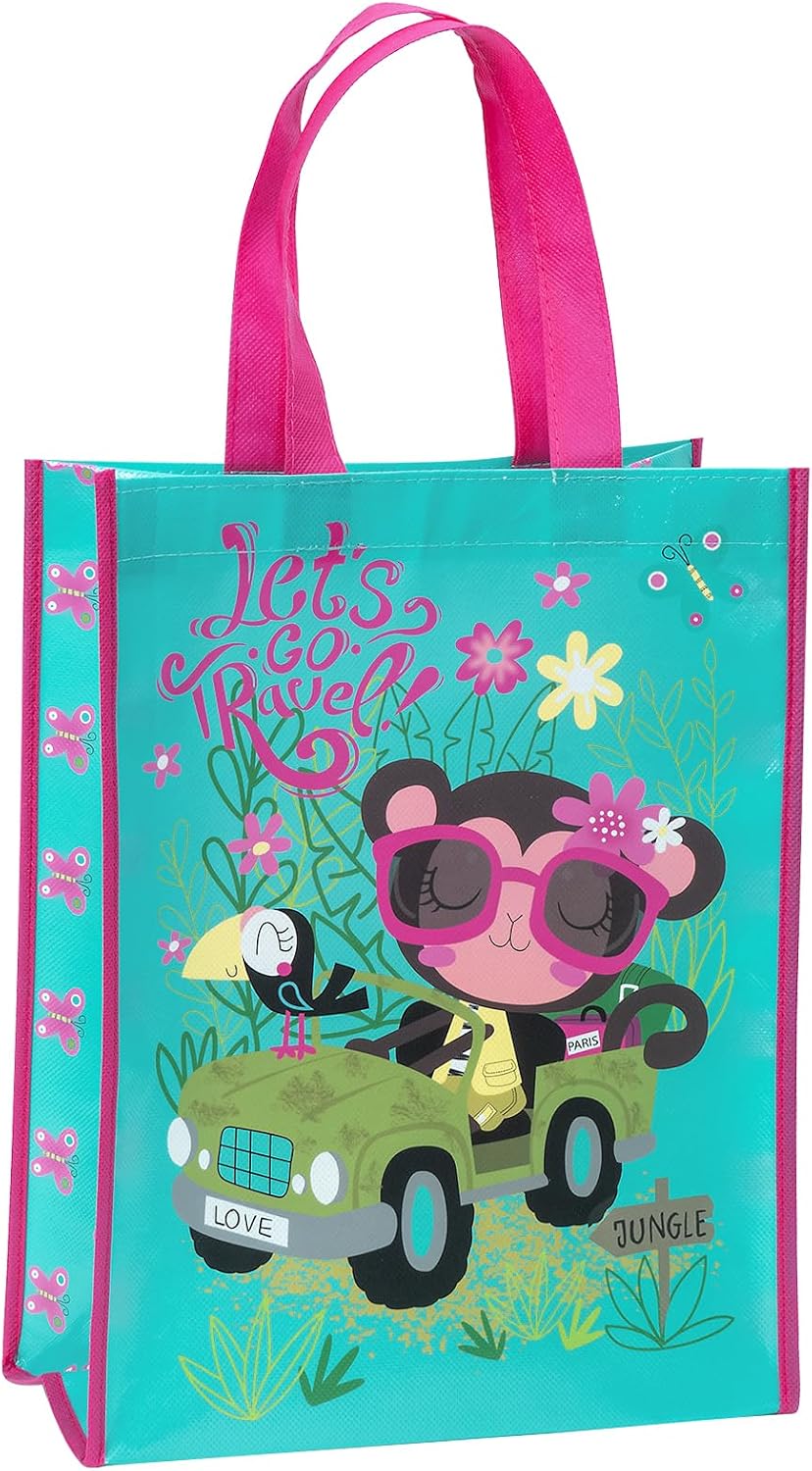 LeZakaa 13" Recycled Gift Bag with Handles, Medium Gift Bag with Driving Monkey and Let's Go Travel Lettering, Perfect for Unisex Child, Kids
