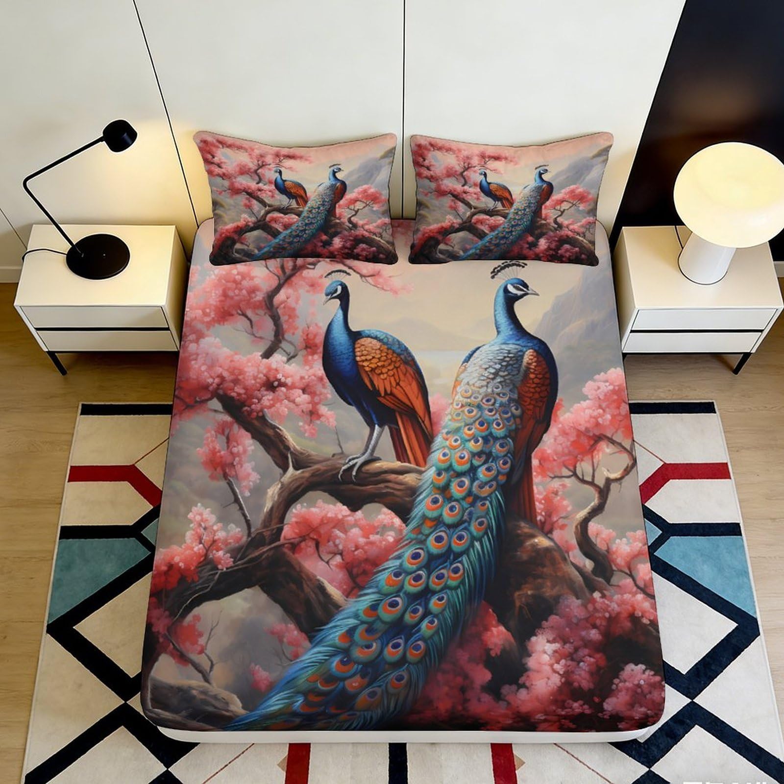 3D Printed Peacock Blossom Fitted Sheet Microfiber Anti-Slip Mattress Cover for Bedroom Dorm Easy Care Decor 160x200x25cm