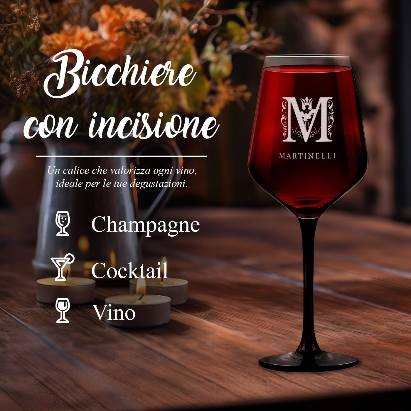 Maverton 2 Calici da vino Rubino - incisione personalizzata - 300 ml - con gambo nero - pensiero speciale per nozze - adatti per vino secco e dolce - unici per coppia - regalo di Natale - art decò