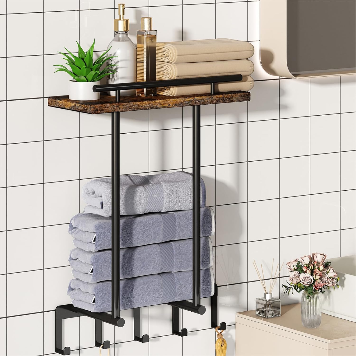 Amazon.com: Godboat Towel Racks for Bathroom - Towel Holder with Wooden ...