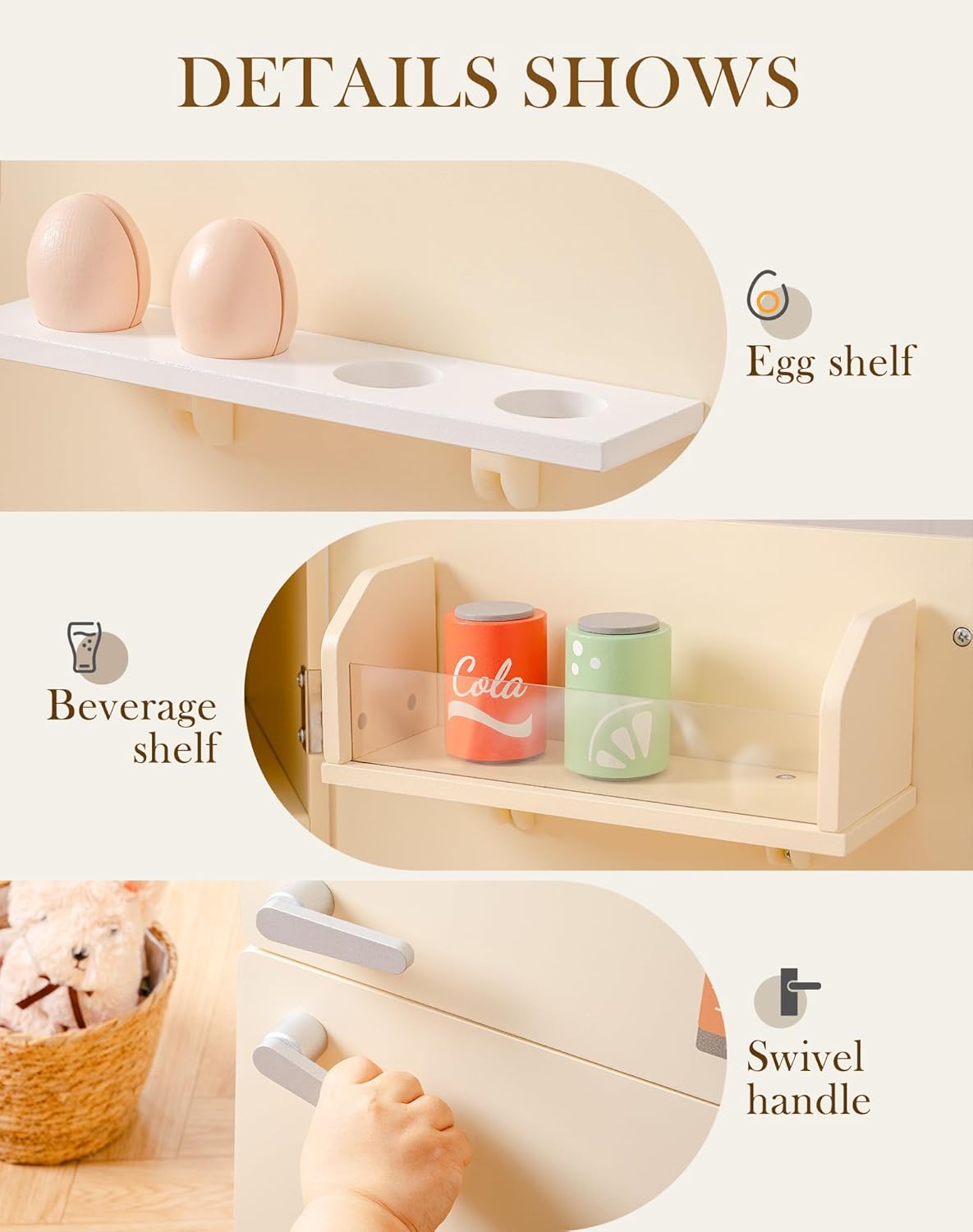 Close-up of ROBOTIME Play Kitchen Toy Fridge details including egg shelf, beverage shelf, and swivel handle