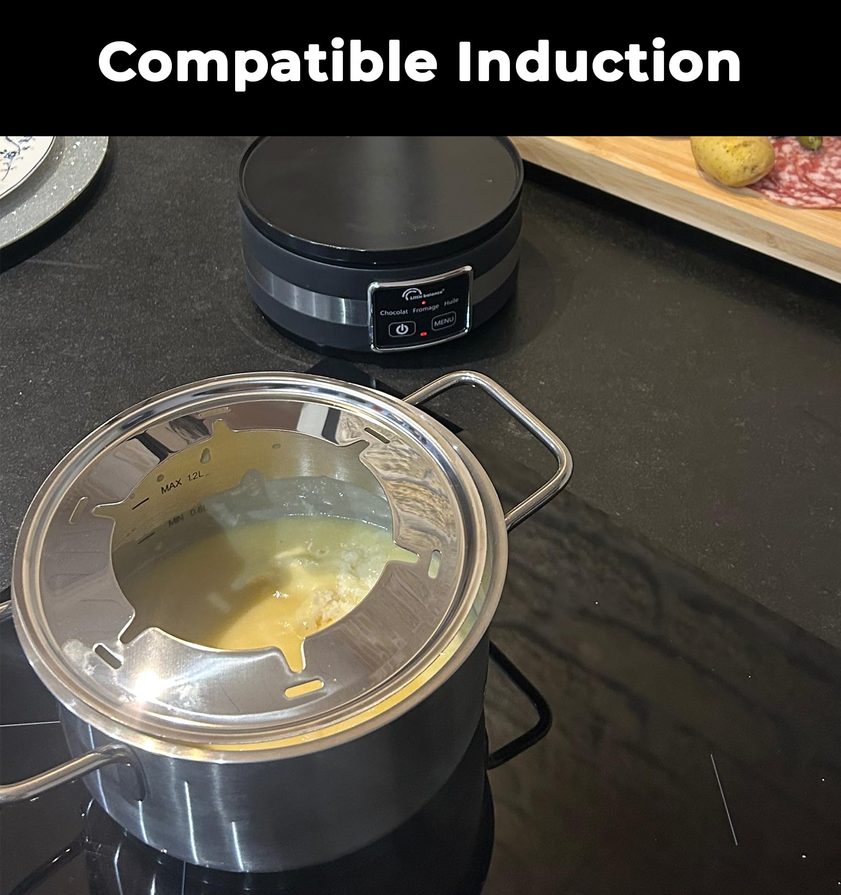 LITTLE BALANCE 8965 Digitale Fondue 8, Appareil à fondue 8 personnes, 3 programmes, Caquelon inox, Compatible induction, 1,2 litres, 1200 W, Noir/Inox