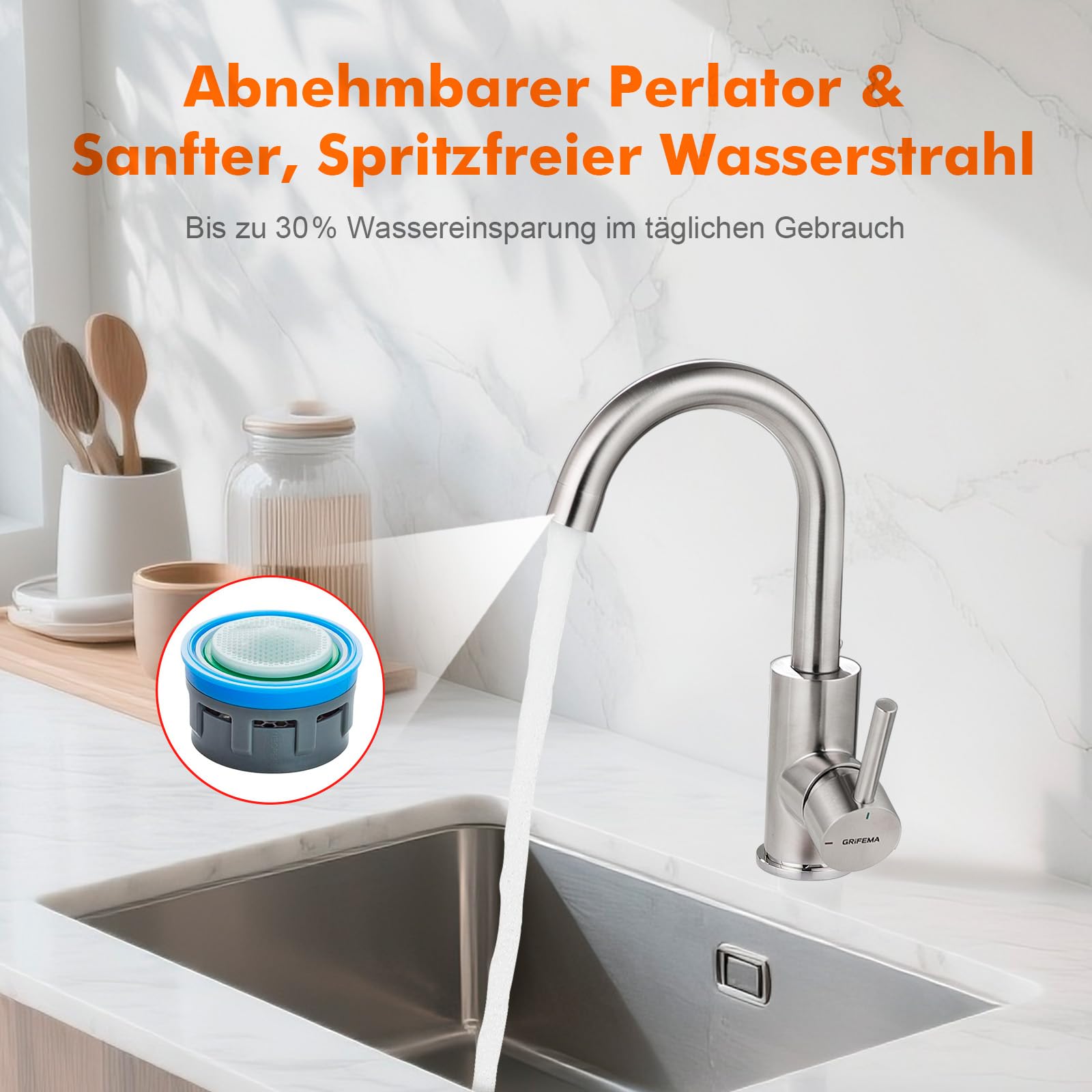 GRIFEMA mitigeur lavabo en laiton avec bec orientable 360° | Eau chaude et froide, aérateur anti-éclaboussures, installation avec flexibles