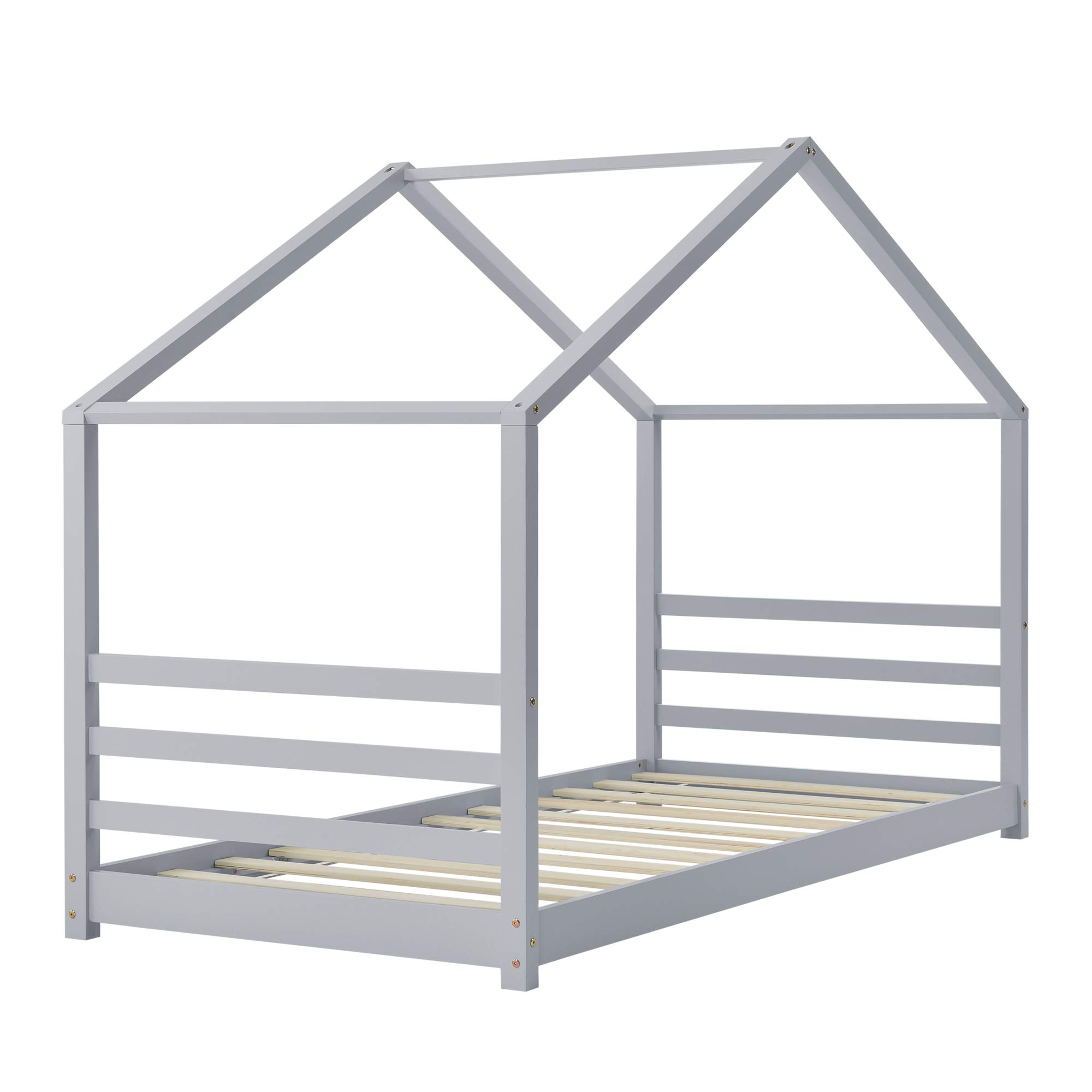 [en.casa] Letto a Casetta per Bambini Letto per Cameretta Struttura in in Legno di Pino in Stile Montessori Zona di Riposo 90x200 cm Grigio