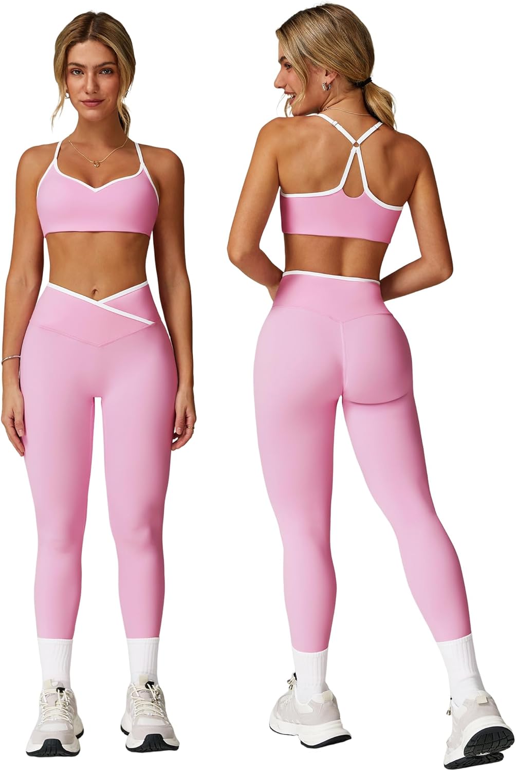 Womens Workout Set Two Piece Spaghetti Straps Cross Back Sports Bra Matching High Waist Leggings Gym Work Out Outfits
