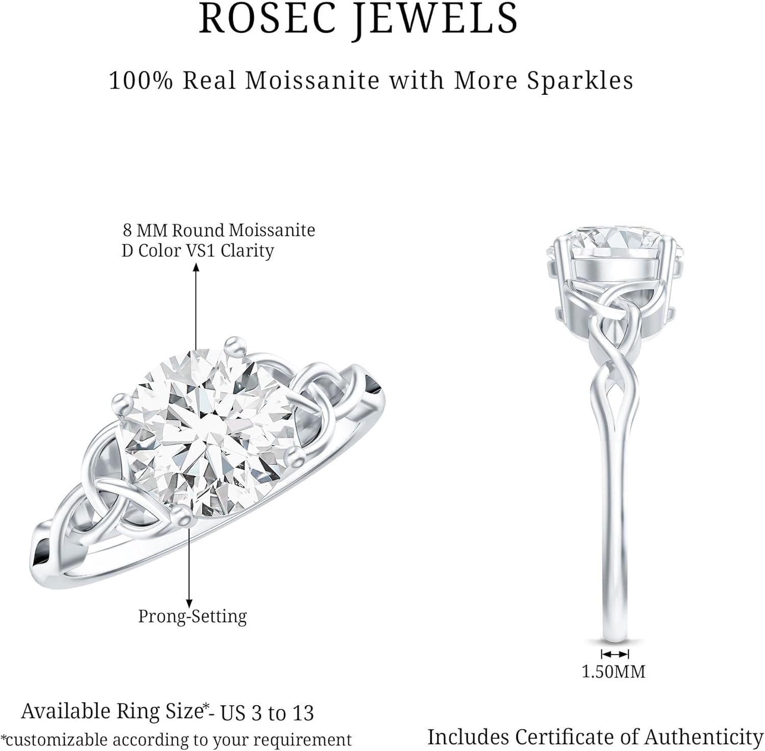 Mothers Day Gift, Certified 2 Carat Moissanite Timeless Engagement Ring, D-Vs1 Quality, Moissanite Celtic Knotwork Ring