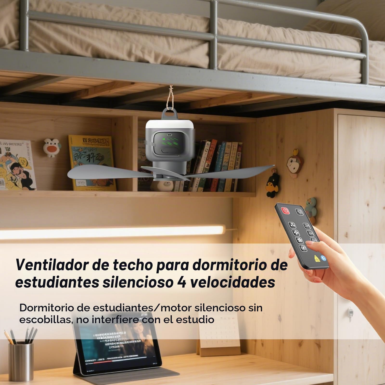 Ventilador de techo con batería de 45 cm, 12000 mAh, recargable, con mando a distancia y luz LED, ventilador de techo silencioso de 4 niveles con temporizador de 2/4/8H, ventilador portátil de camping