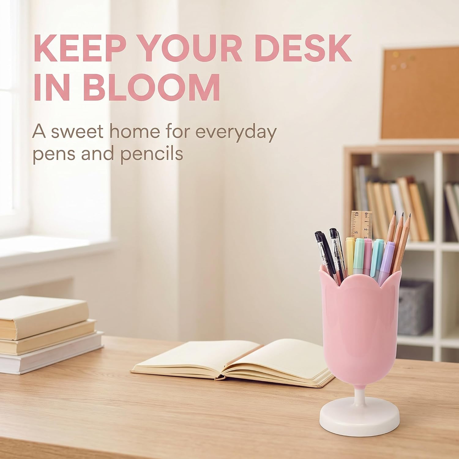 Tulip Pen Holder for Desk, Plastic Stationery Organizer, Cute Desktop Decoration, Office School Supplies (Green)