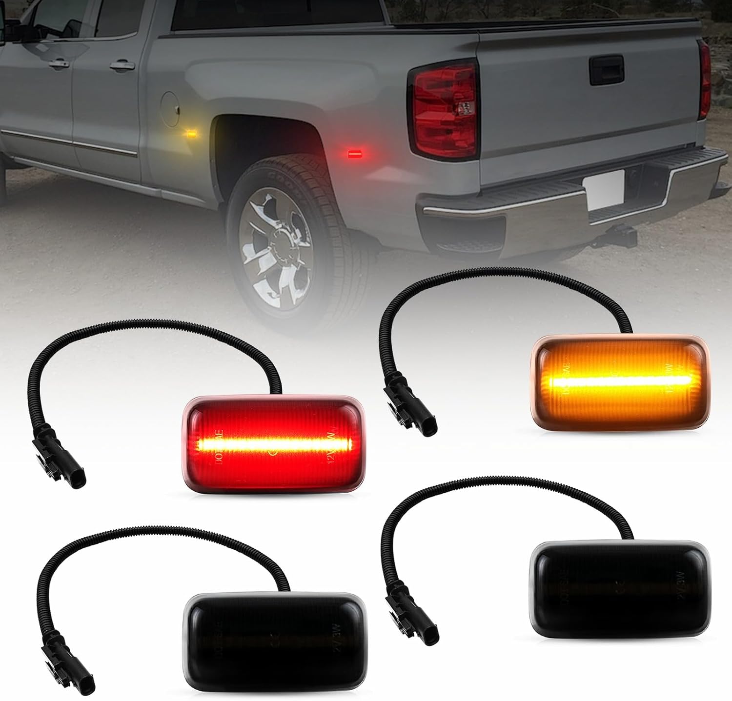 AUTOONE Dually Fender LED Side Marker Lights for 2015-2023 Chevy Silverado 2500HD/3500HD, GMC Sierra 2500HD/3500HD, Amber & Red Dual Rear Wheel Bed Marker Lamps, Smoked Len, 4PCS