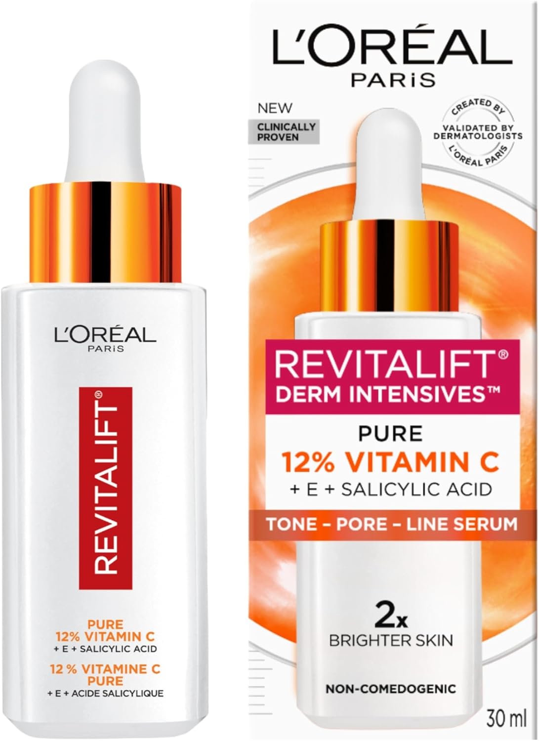 L’Oréal Paris 12% Pure Vitamin C Brightening Face Serum with Vitamin E & Salicylic Acid for Antioxidant Protection & Less Visible Pores, Revitalift Derm Intensives, 30mL L’Oréal Paris 12% Pure Vitamin C Brightening Face Serum with Vitamin E & Salicylic Acid for Antioxidant Protection & Less Visible Pores, Revitalift Derm Intensives, 30mL