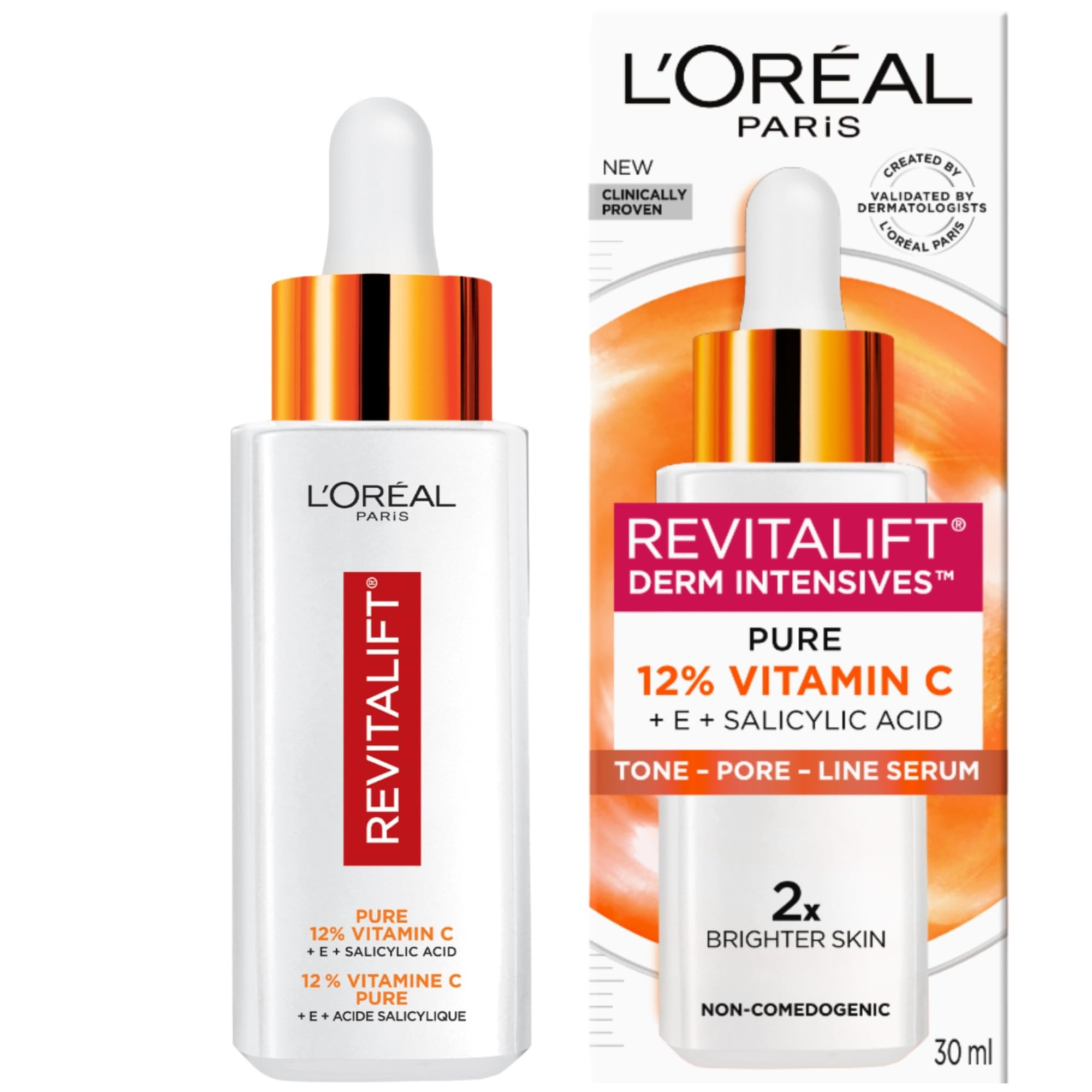 L'Oréal Paris 12% Pure Vitamin C Brightening Face Serum with Vitamin E & Salicylic Acid for Antioxidant Protection & Less Visible Pores, Revitalift Derm Intensives, 30mL