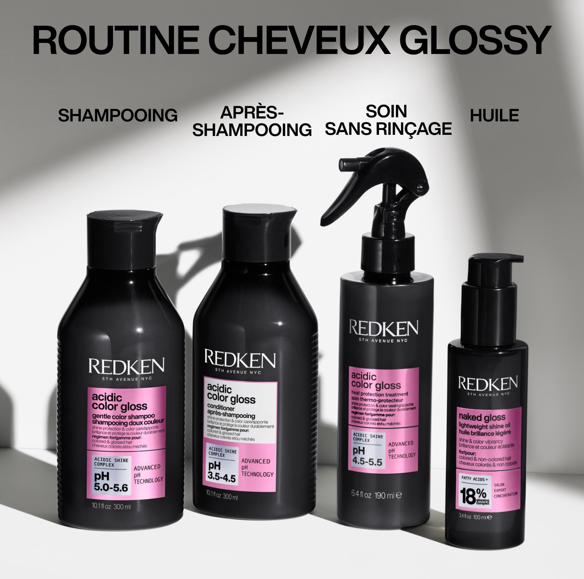 REDKEN - Routine Protectrice - Shampoing + Après-Shampoing + Huile - Prolonge et Sublime la Couleur - Brillance et Hydratation - Formule au pH Acide - Sans Sulfates - Acidic Color Gloss