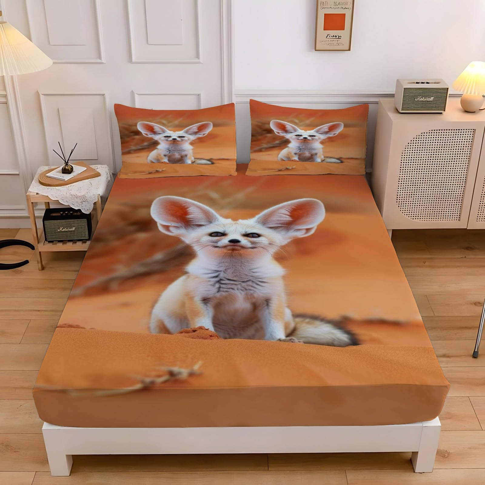 Fennec prześcieradło z gumką podwójne prześcieradło ze zwierzętami miękka mikrofibra głęboka kieszeń 30 cm, prześcieradło z gumką 180 x 200 cm i 2 poszewki na poduszki