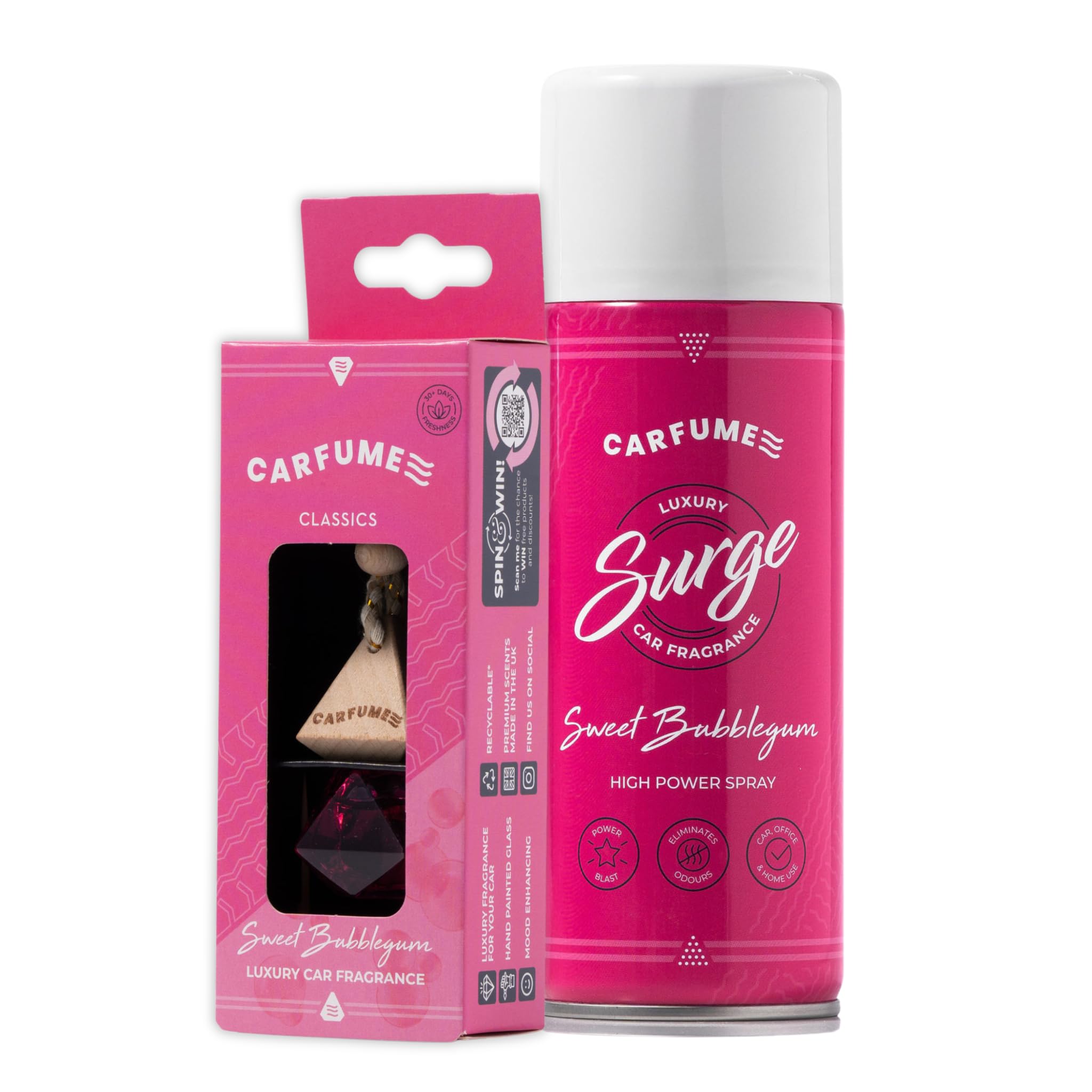 Carfume Classic Sweet Bubblegum Car Air Freshener Twin Pack | Premium Candy Floss & Fruit Fragrance - Pink Diffuser & Surge Can Bundle - Luxury Unisex Car Accessory Gift