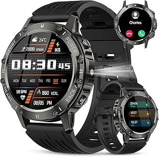 Military Smart Watch for Men Answer/Make Calls, 1.45\\\" HD Fitness Tracker with Heart Rate/Sleep Monitor/Pedometer, 114+ Sports Mode Activity Trackers, IP68 Waterproof Outdoor Smartwatch for iOS Android