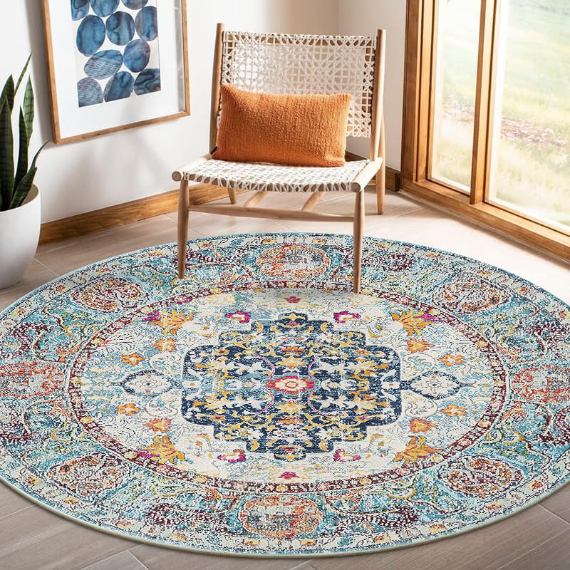 Nyescasa Teppich Rund 160 cm Vintage Boho Mandala Teppich Wohnzimmer Waschbar rutschfest Weich Kurzflor Runder Teppiche für Schlafzimmer Kinderzimmer Outdoor, Beige Blau