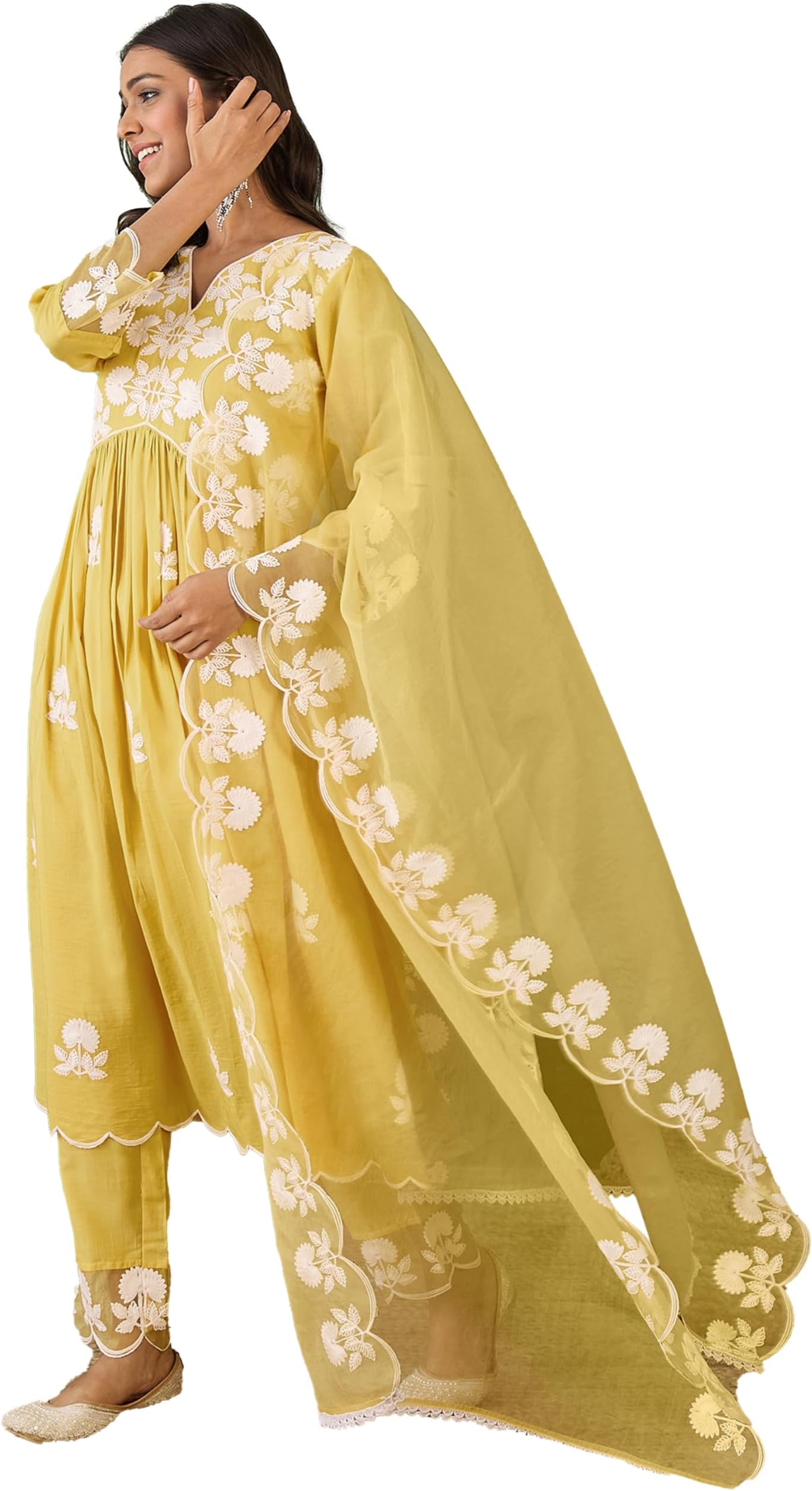 SheWill Women's Silk Blend Chain Work Embroidered A Line Kurta with Pant Set For Wedding, Ethnic Wear