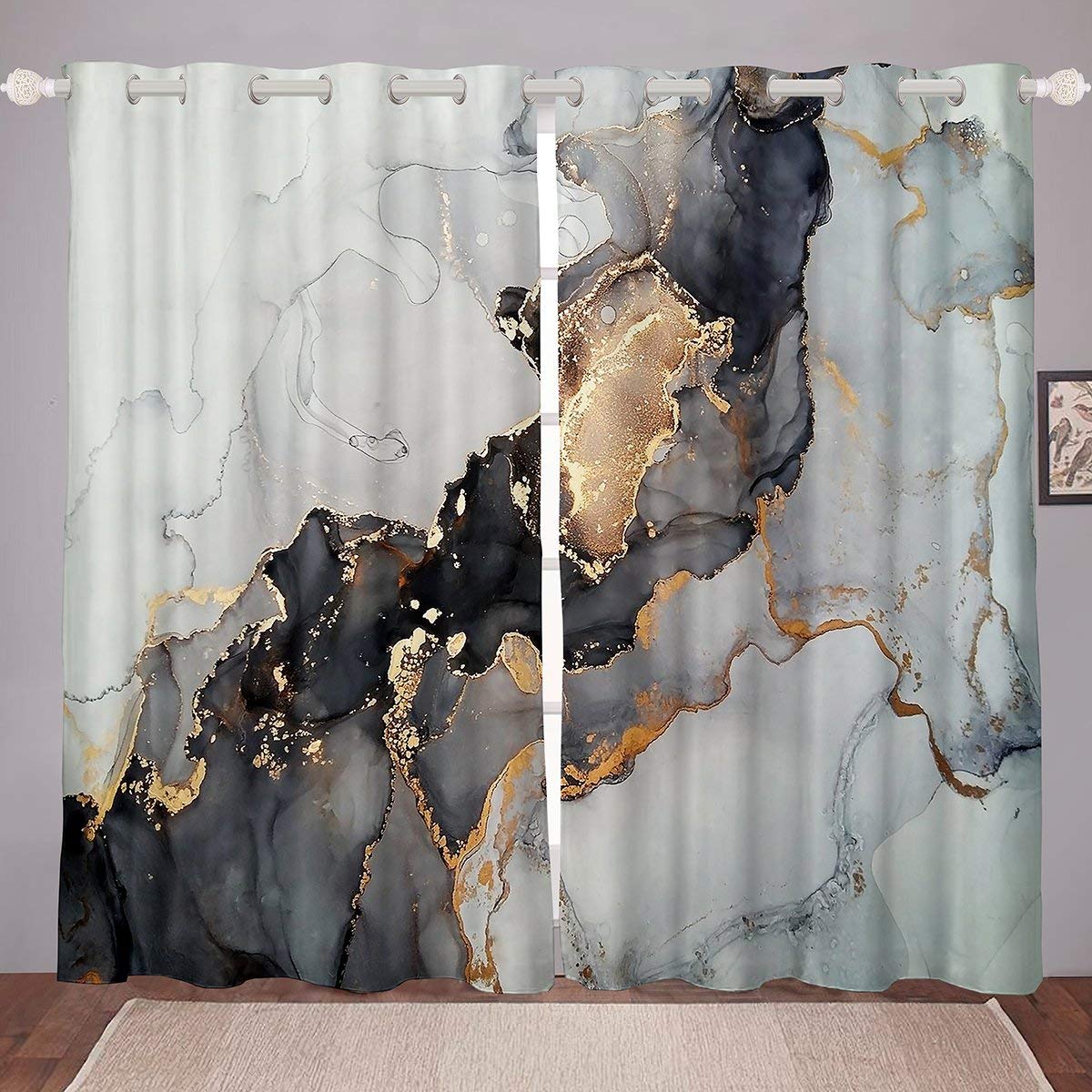 Black Marble Curtain,Black and Grey Marble Window Drapes Blackout Men Teens Boys Modern Gray Orange Abstract Art Tie Dye Window Treatments Young Man Gothic White Gold Marble Curtain Panels 104" X 96"