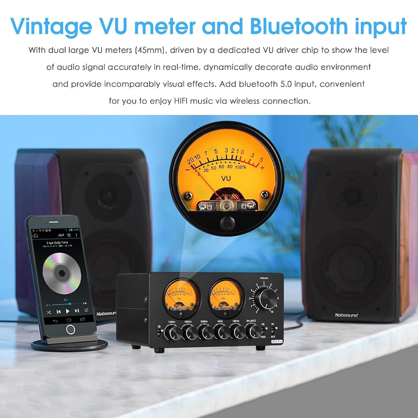 Égaliseur Audio 5 Bandes, Préamplificateur Stéréo Bluetooth, avec Affichage VU Meter Et Contrôle De Balance des Canaux, RCA 3,5 Mm AUX, pour Chaîne Stéréo Domestique