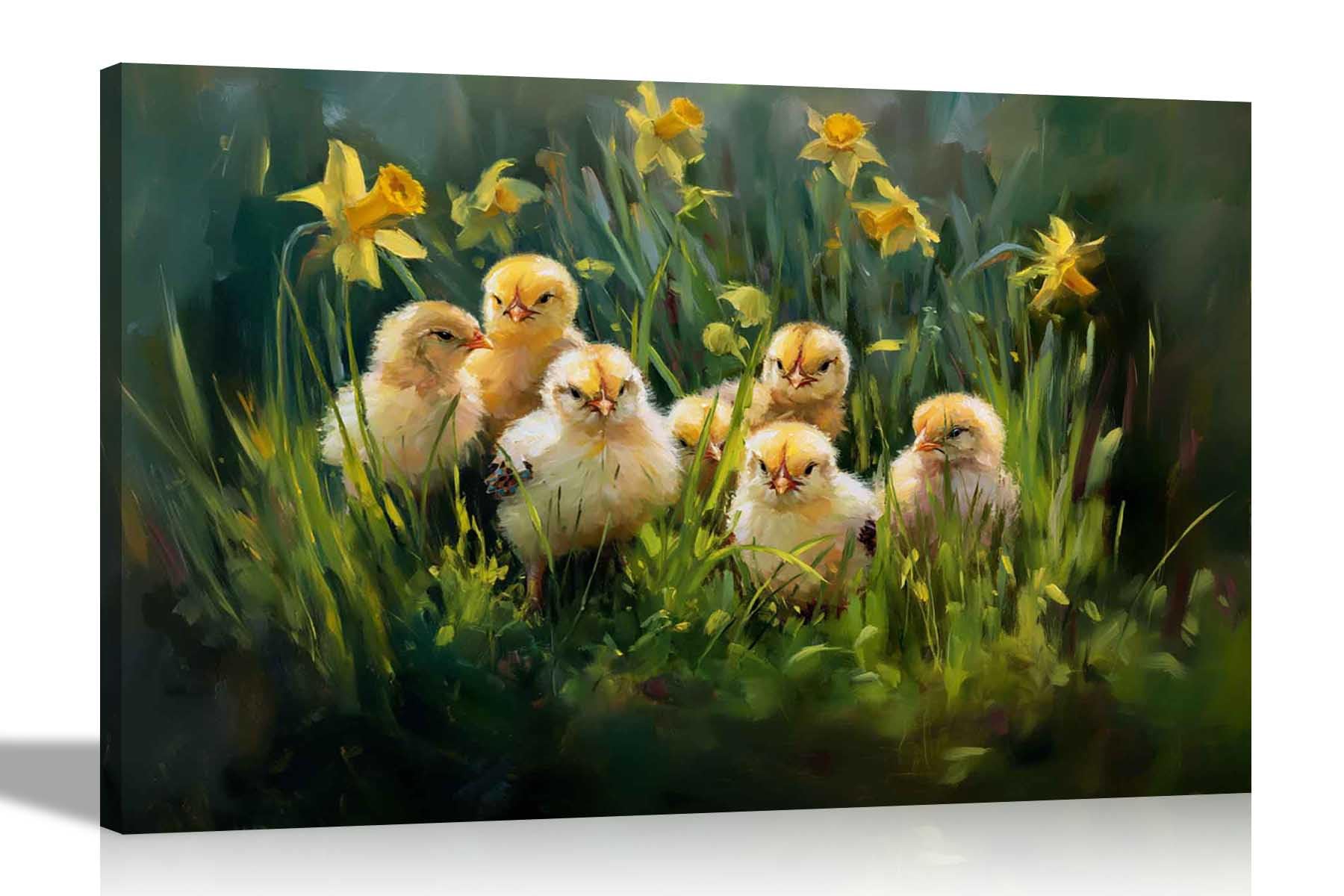 Artley Prints - Chicks on Grass Canvas Oil Painting Wall Art Garden Decor Home Office Prints Ready to Hang Pictures Large 86 x 61cm (34 x 24 inches) A1