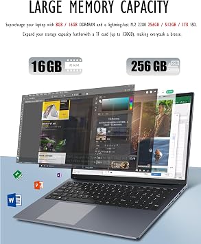 17 inch Laptop Computers,12th Generation Processor N95 4C 4T(Up to 3.4Ghz),16GB DDR4 RAM 256GB SSD,1920*1080,10000mAh Large battery,Type-C(Data), WiFi5,BT,RJ45,Dual Stereo Speakers,Backlit Keyboard