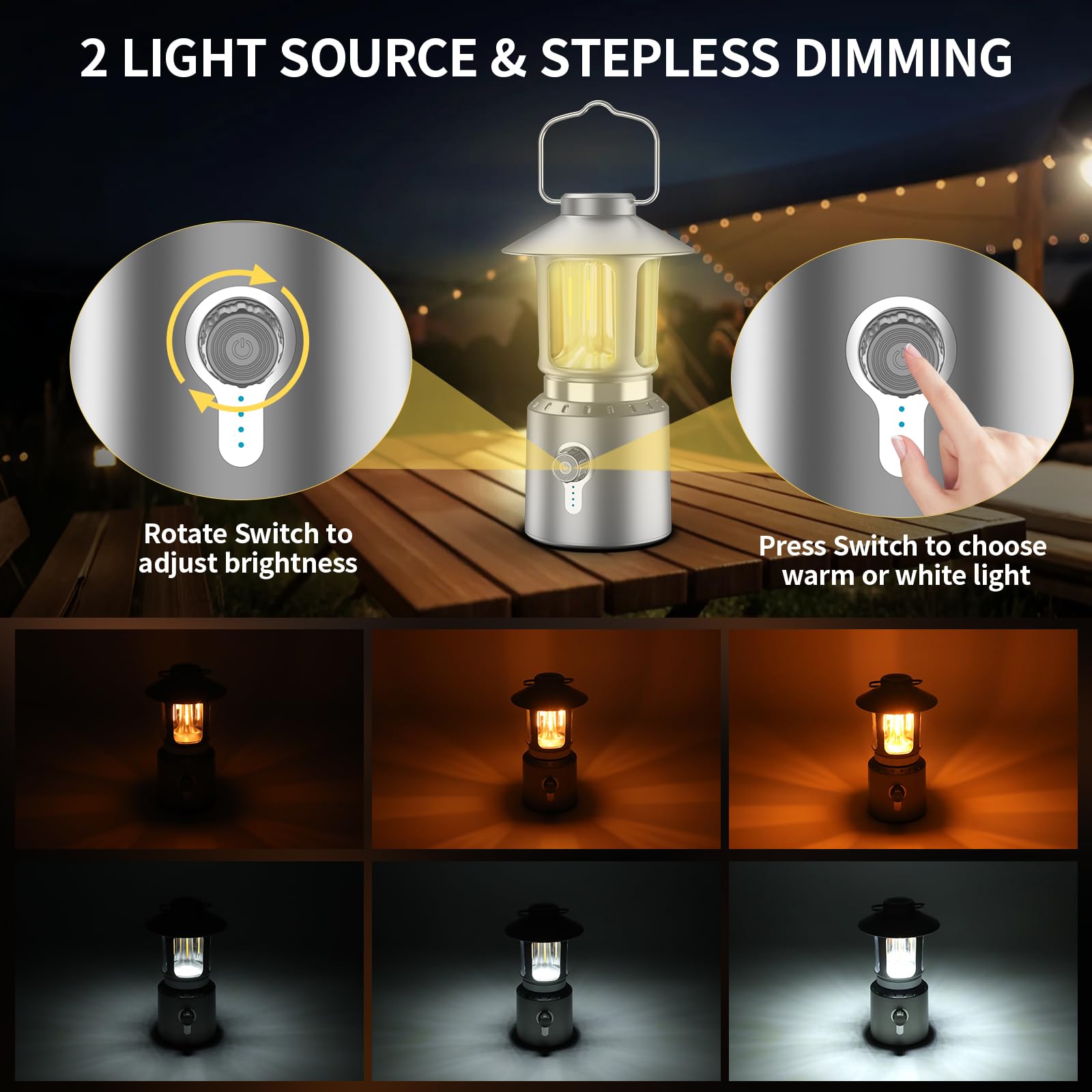 Linterna LED clásica retro para camping, linterna vintage recargable de atenuación continua, 3 modos de luz (2000 K-6500 K), banco de energía de 8000 mAh, luz colgante brillante para