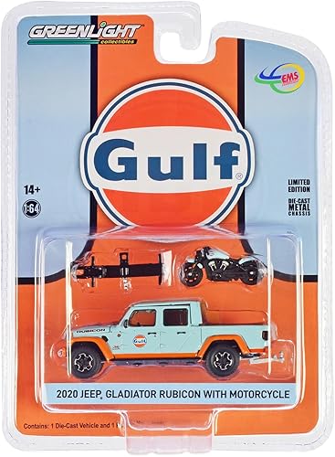 Greenlight Camioneta Gladiator Rubicon 2020 azul claro con rayas naranjas con motocicleta y estante de enganche 1/64 modelo de coche fundido a