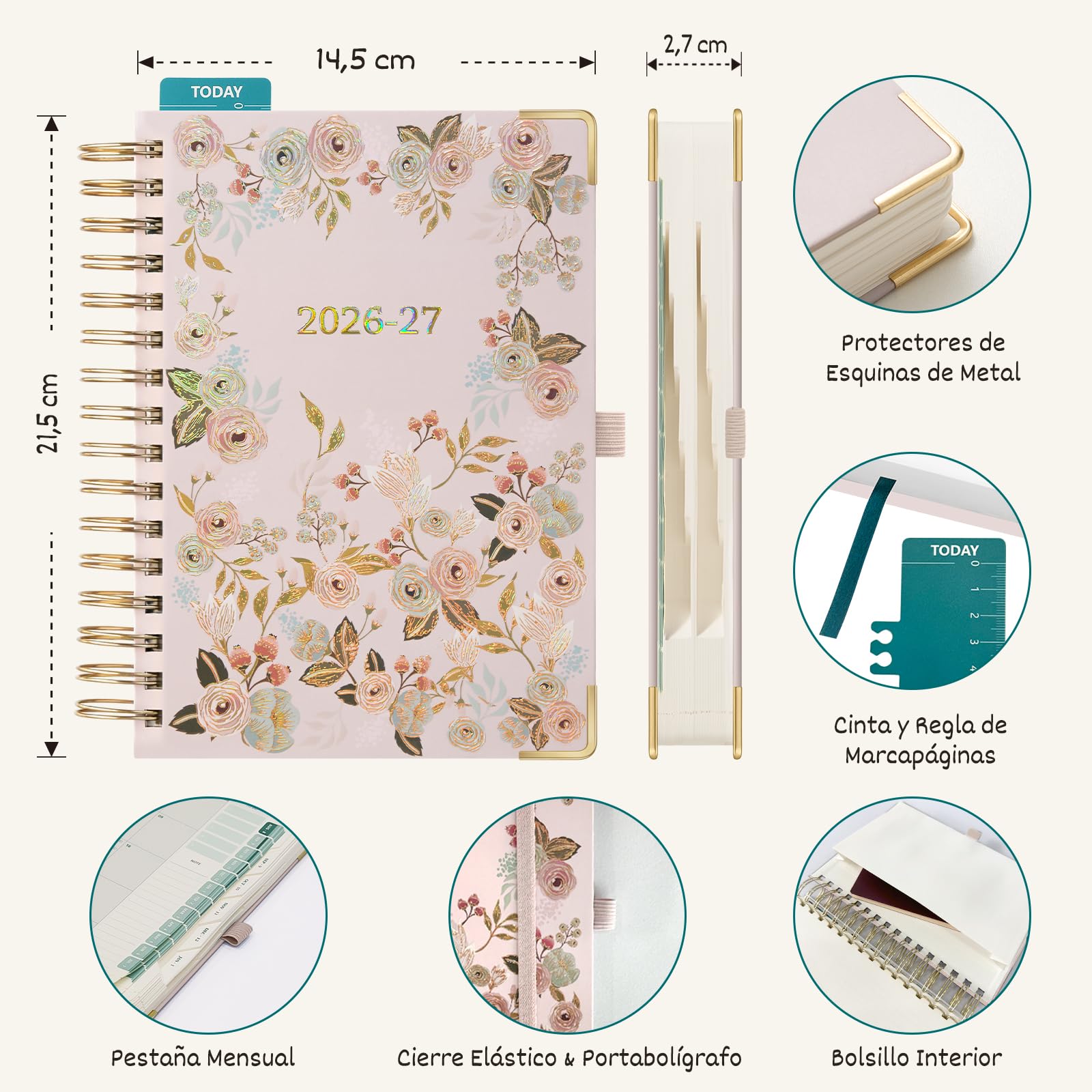 BEZEND Agenda Escolar 2026 2027 Día por Página A5 Espiral, 12 Meses de Ago.26 a Jul.27, Agenda Diaria Diseño Floral 15,5 x 21 cm, Dia Vista con Intervalos de 30 minutos, Tapa Dura - Rosa