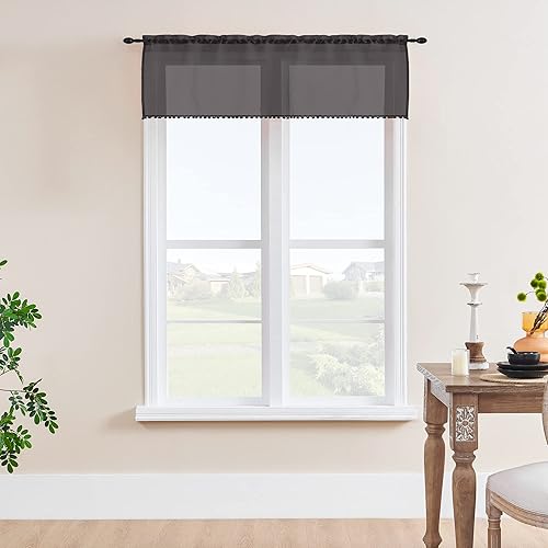 Miniatura 2 de MISS SELECTEX Cenefa corta con pompones para ventana, juego de 2 paneles, cortinas semitransparentes para sala de estar, dormitorio, cortinas