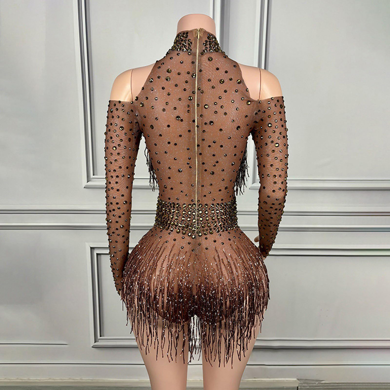 Body con flecos de diamantes de imitación para mujer, fiesta de cumpleaños, disfraz de noche, discoteca, baile, leotardo de manga larga con flecos brillantes para mujer