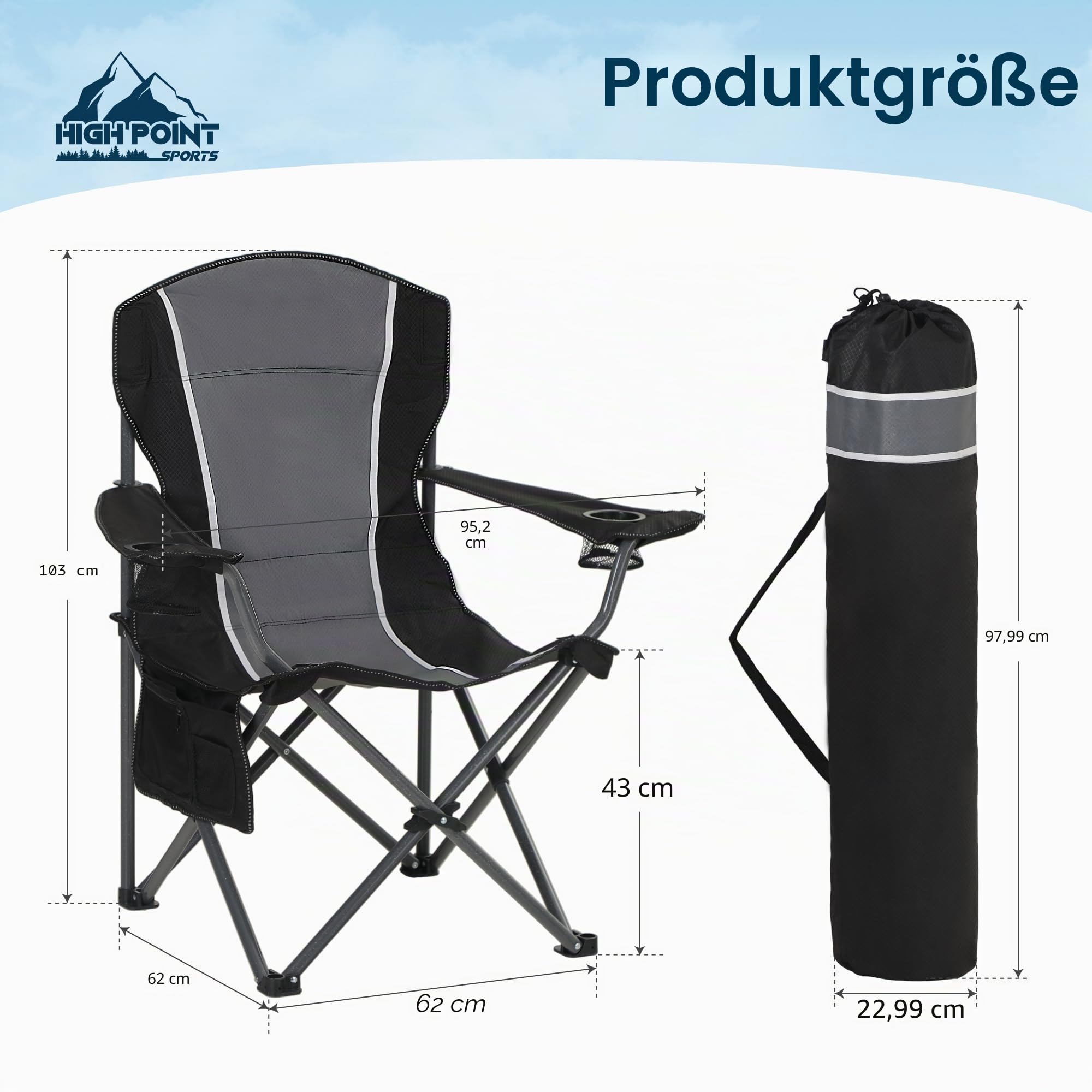 HIGH POINT SPORTS Campingstuhl Faltbar bis 160kg Campingsessel Klappstuhl mit Getränkehaltern Faltstuhl Camping Angelstuhl Klappbar
