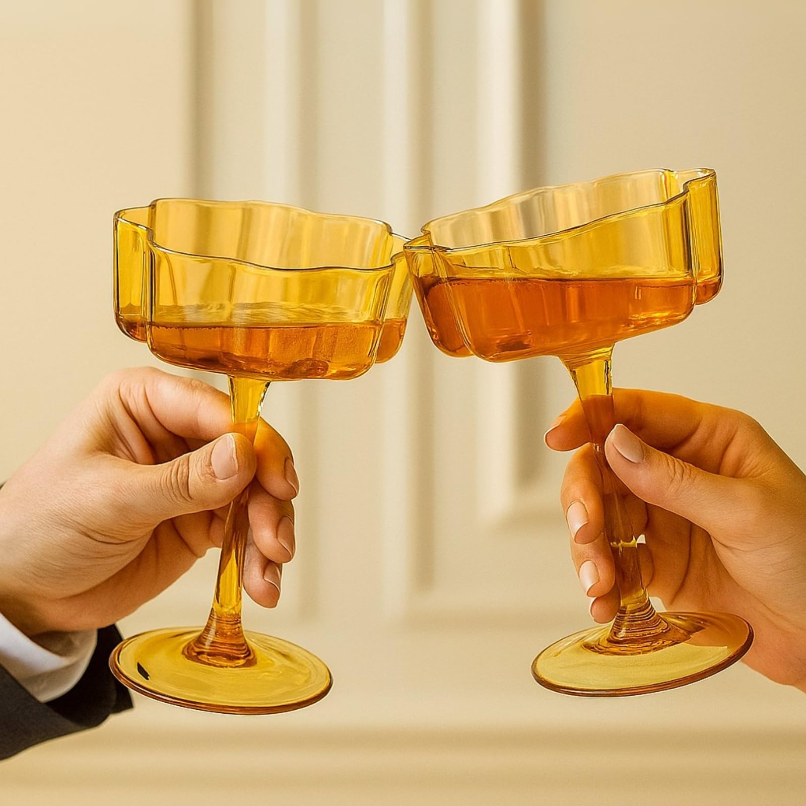 Khen Venus Glasses Luxury Glassware - Set of 6 - Everyday, Winter Gift Her, Mom, Wife, Girlfriend, Special Celebrations Drinkware, Textured Glass, Brown Style Amber Colored -Champagne Flute 6oz