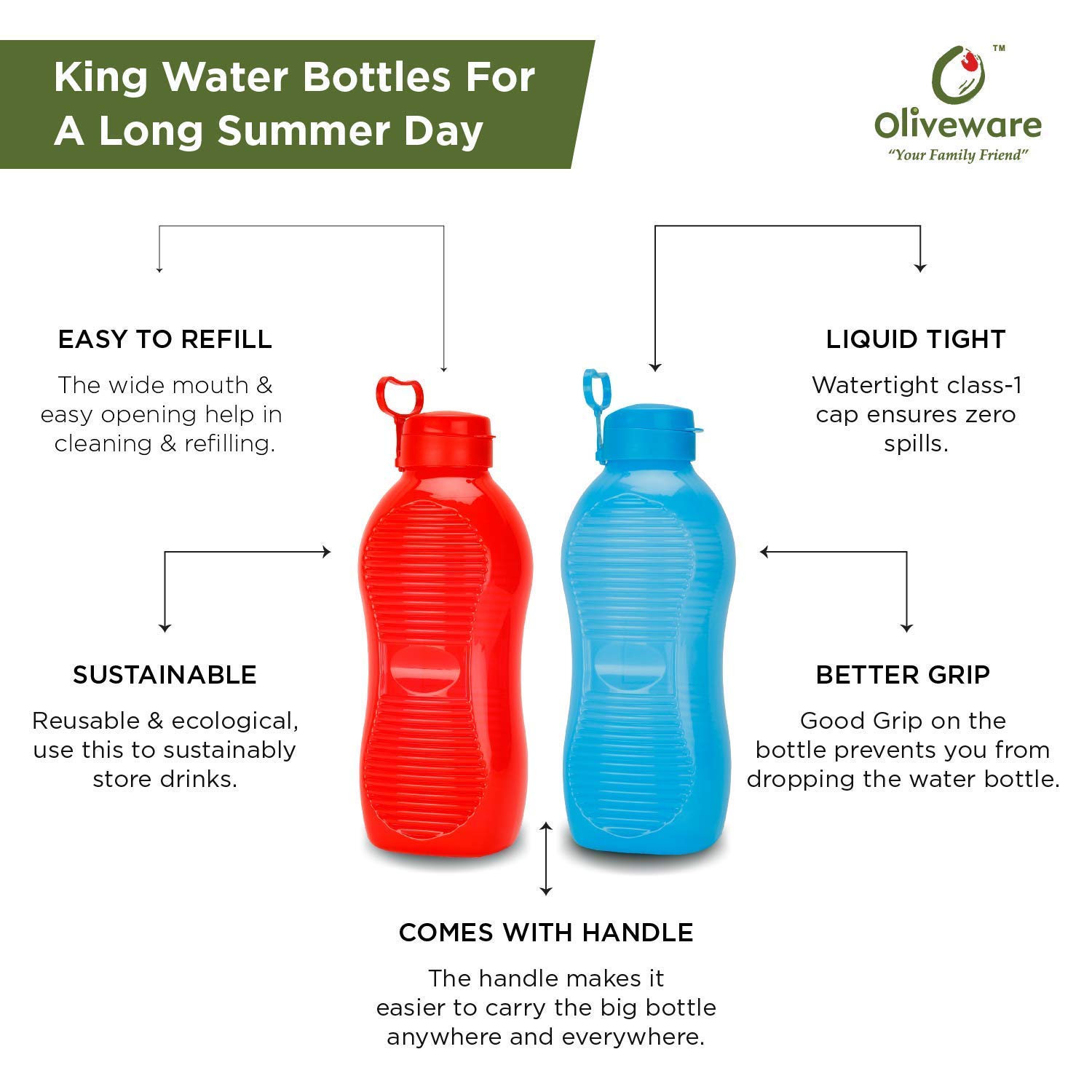 oliveware King BPA-free Plastic Water Bottle with Carry Handle for Fridge Home & Office Use - Set of 3 (Red, 2 L)