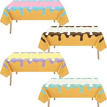 Ice Cream Party Supplies, 4 Pack Ice Cream Disposable Tablecloth 54 x 108 in Waterproof Plastic Rectangular Table Cover for Birthday, Summer Party, Baby Shower, Sweet Dessert