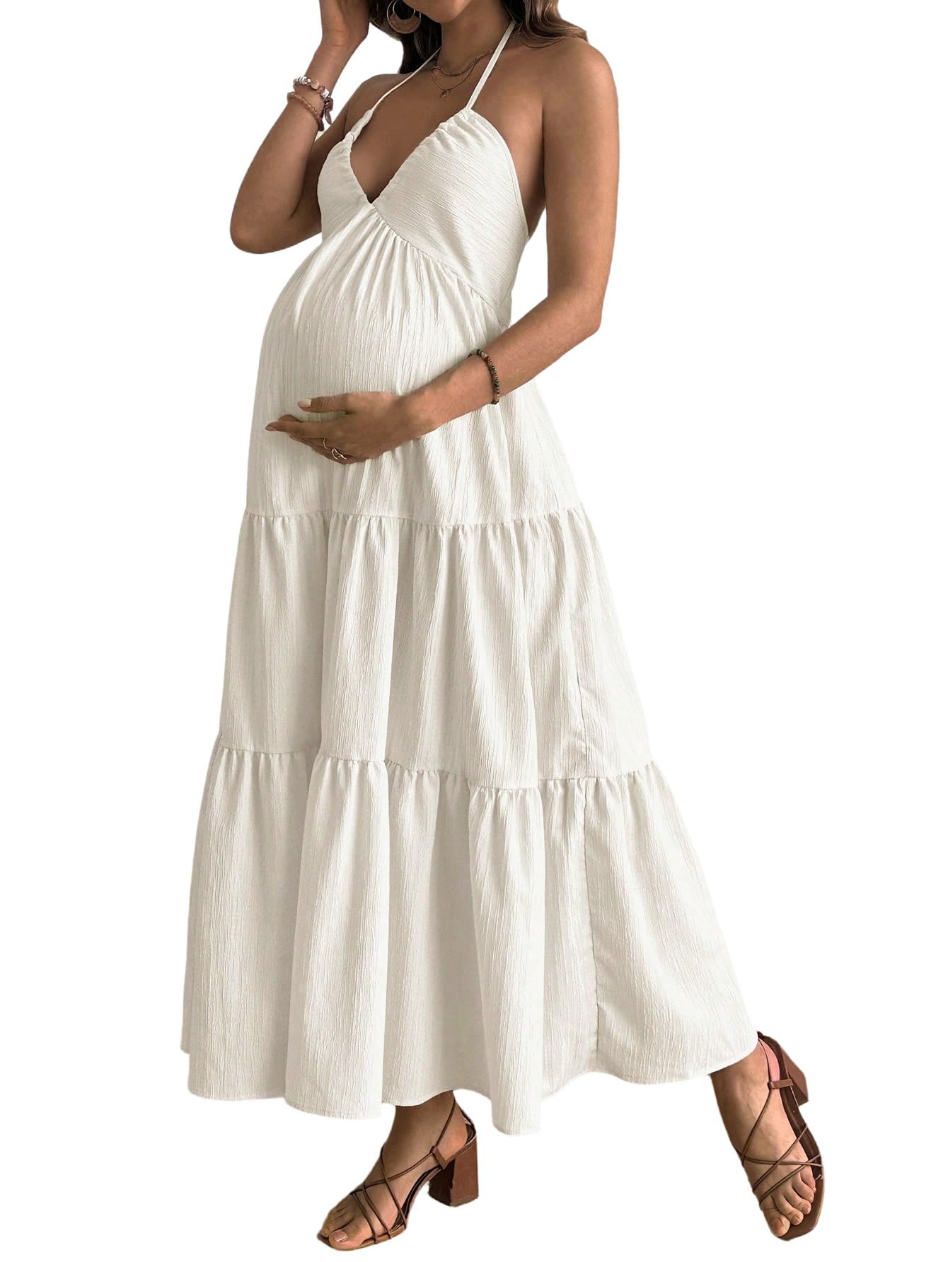 SweatyRocks Damska sukienka w stylu boho dla kobiet w ciąży, sukienka maxi, wiązana na szyi, letnia sukienka bez pleców, sukienka ciążowa, odświętna sukienka na imprezę, letnia