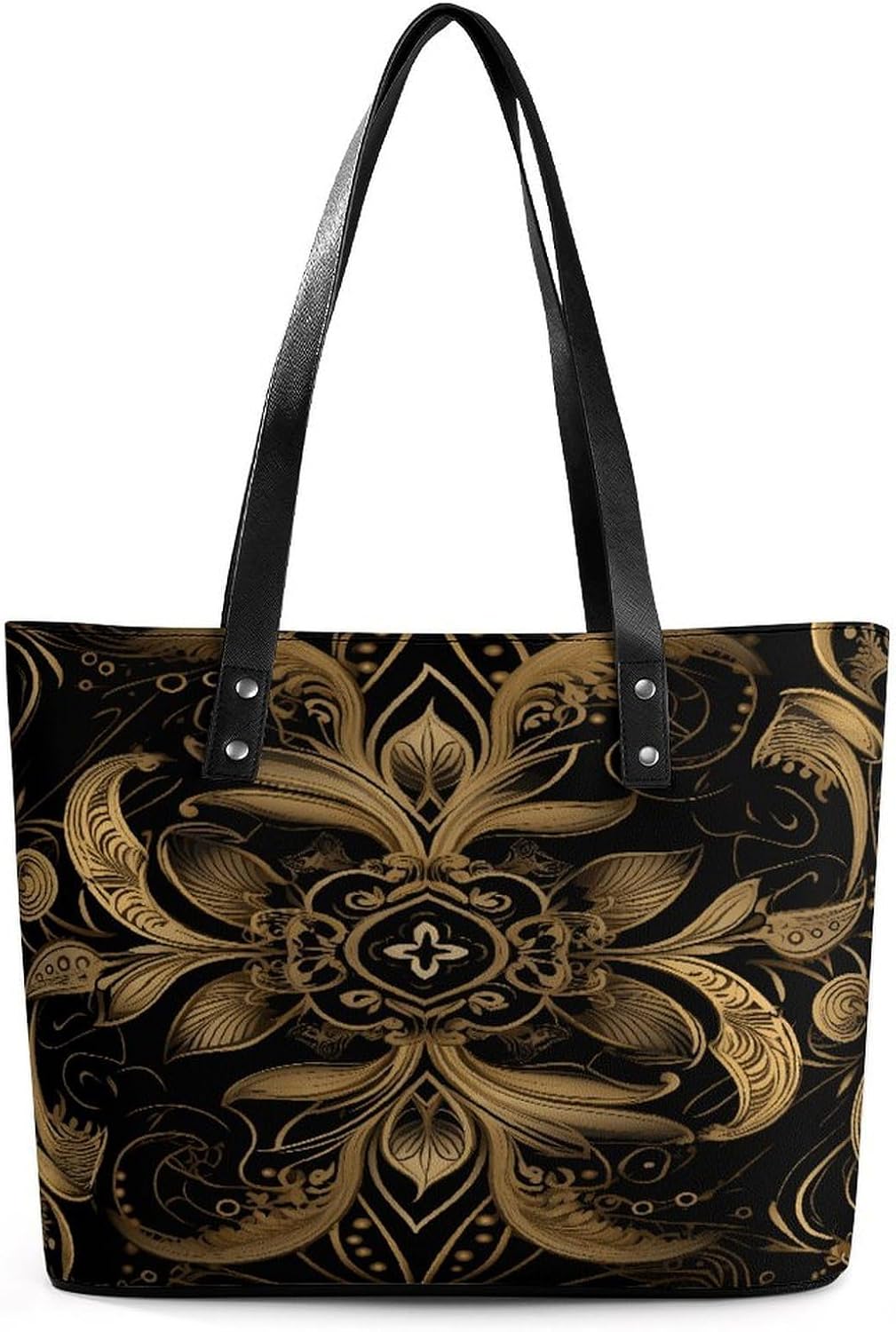 Black And Golden Pattern Tote Bag for Women Large Capacity Leather Handbags with Zipper Fashion Travel Shoulder Bags Casual Hobo Bag Lightweight Leather Purse for Work Travel Shopping