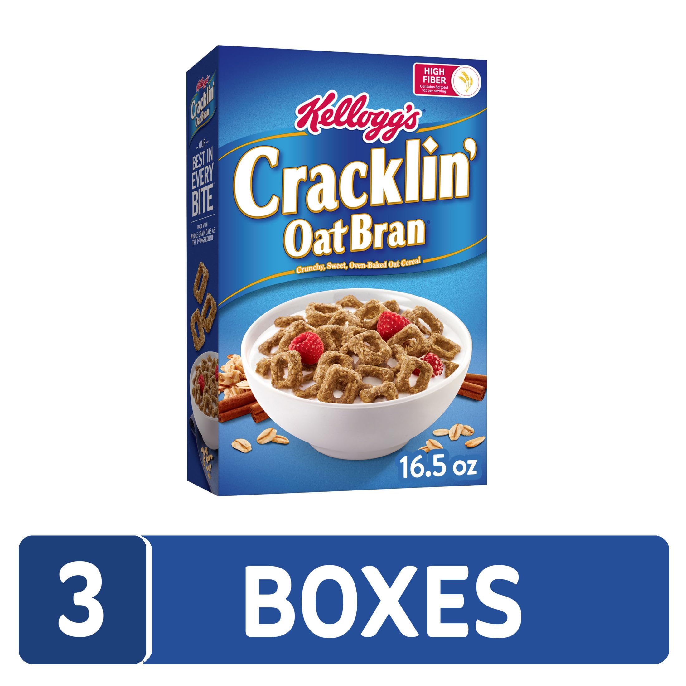 Kellogg's Cracklin' Oat Bran - Cereales para desayuno, cereales de fibra, cereales familiares, originales (3 cajas)