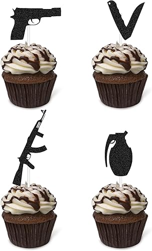 Decoración para magdalenas, 24 unidades, pistolas, metralletas, granadas, sables, purpurina negra, temática militar, decoración para cupcakes para